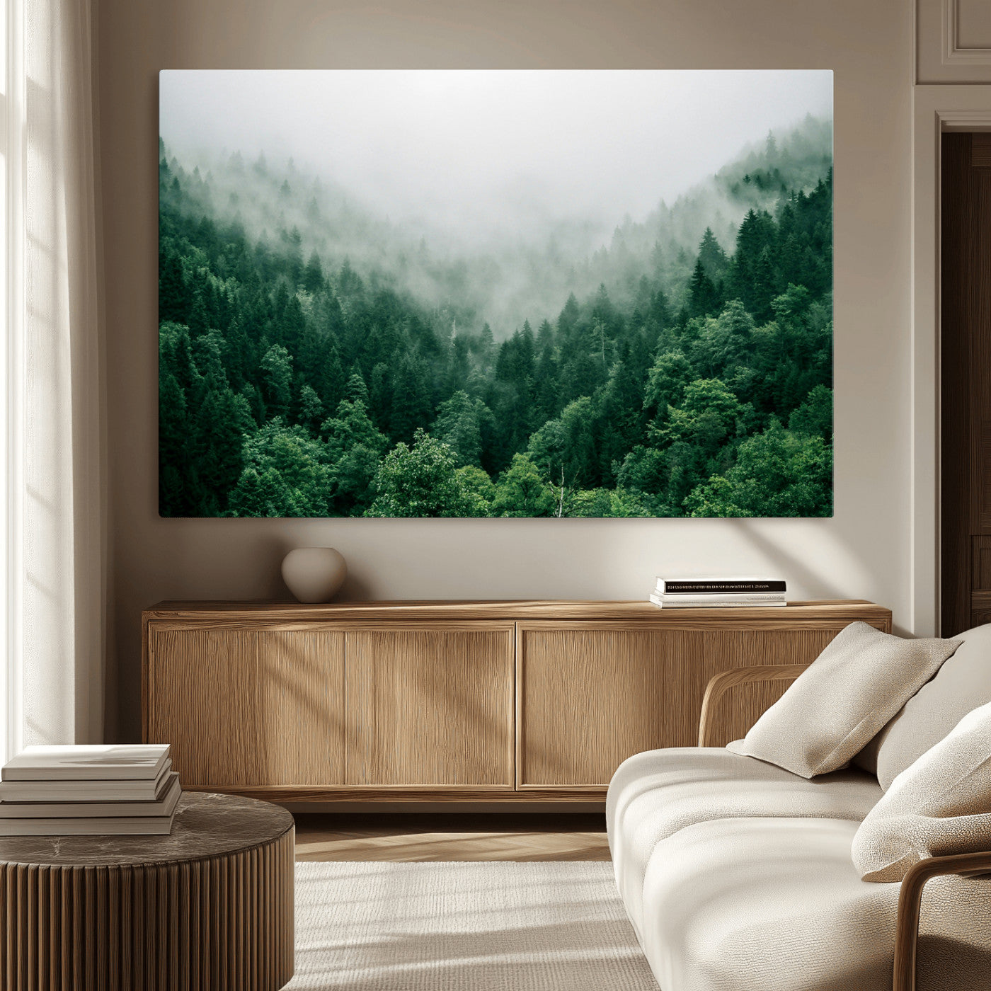 MGV-CV-36X24 - Misty Green Forest Canvas Print – Serene Foggy Pine Landscape Wall Art, Tranquil Nature Decor for