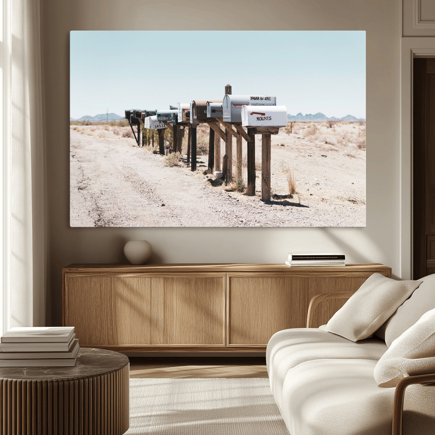 MGV-CV-36X24 - Desert Mailboxes Canvas Print – Minimal Western Landscape Photography, Rustic Americana Wall Art for