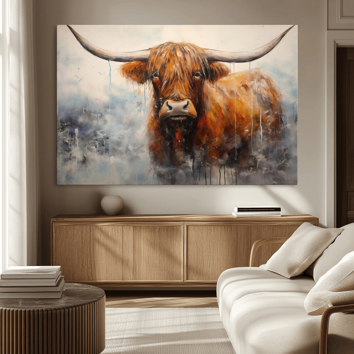 MGV-CV-36X24 - Scottish Highland Wall Art Canvas Print, Framed Longhorn Art Picture Print, Western Cow Perfect Farmhouse Decor Artwork
