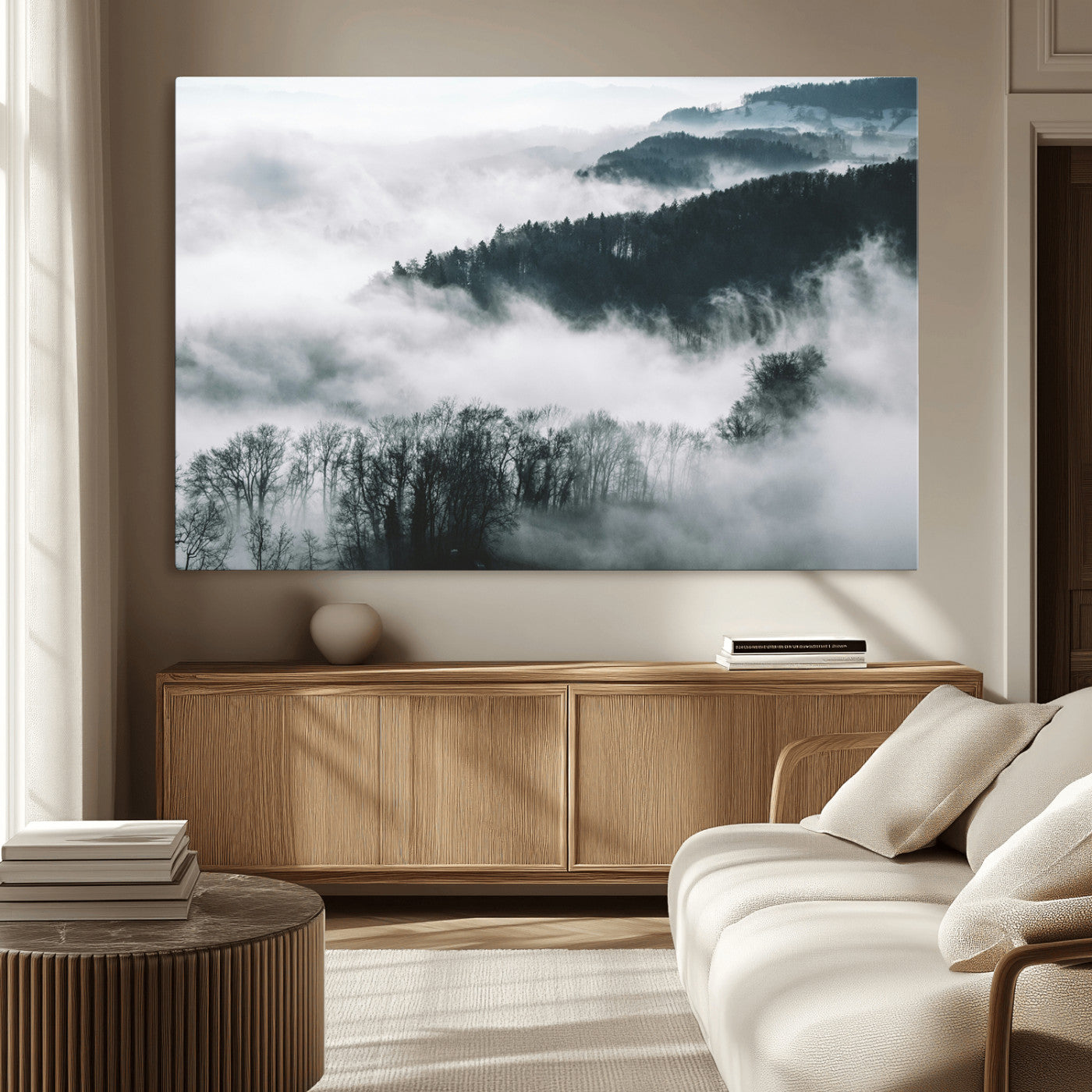 67569654-MGV-CV-36X24-Foggy Forest Landscape Wall Art Canvas Print – Misty Mountain Valley Scene in Monochrome Tones, Perfect for Minimalist or Nordic Home Decor