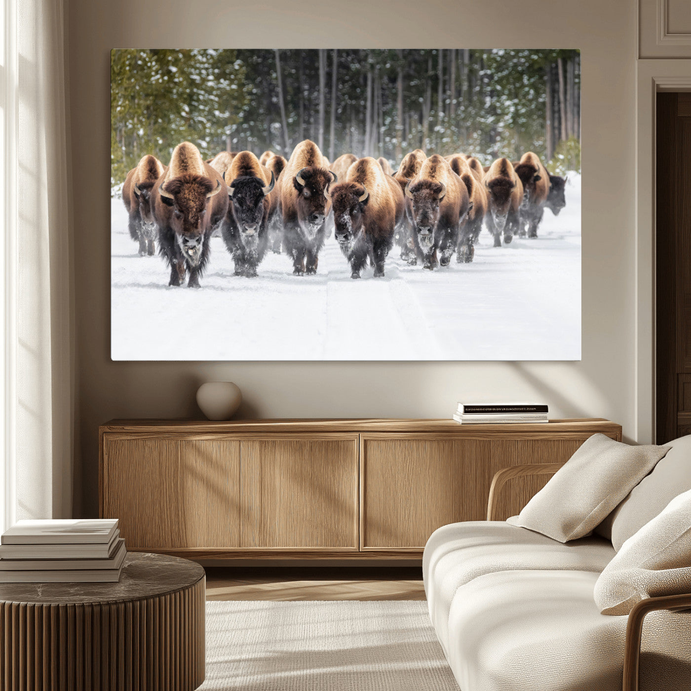 American Bison Herd in Snow Wall Art Canvas Print – Powerful Winter Wildlife Scene with Buffalo in Motion, Perfect for Rustic Lodge or Western Cabin Decor