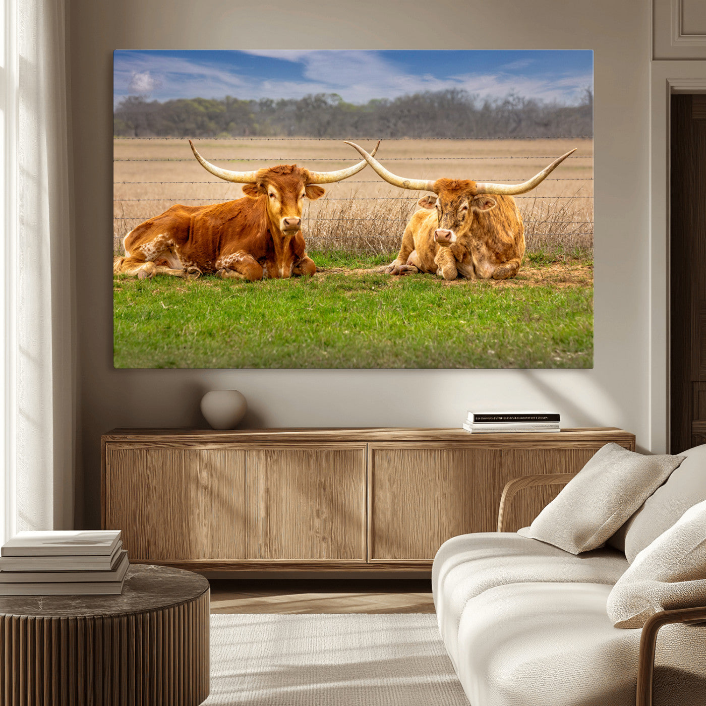 54598515-MGV-CV-36X24-Texas Longhorn Pair Wall Art Canvas Print – Peaceful Rustic Ranch Scene with Two Cattle in Field, Perfect for Western Farmhouse Home Decor