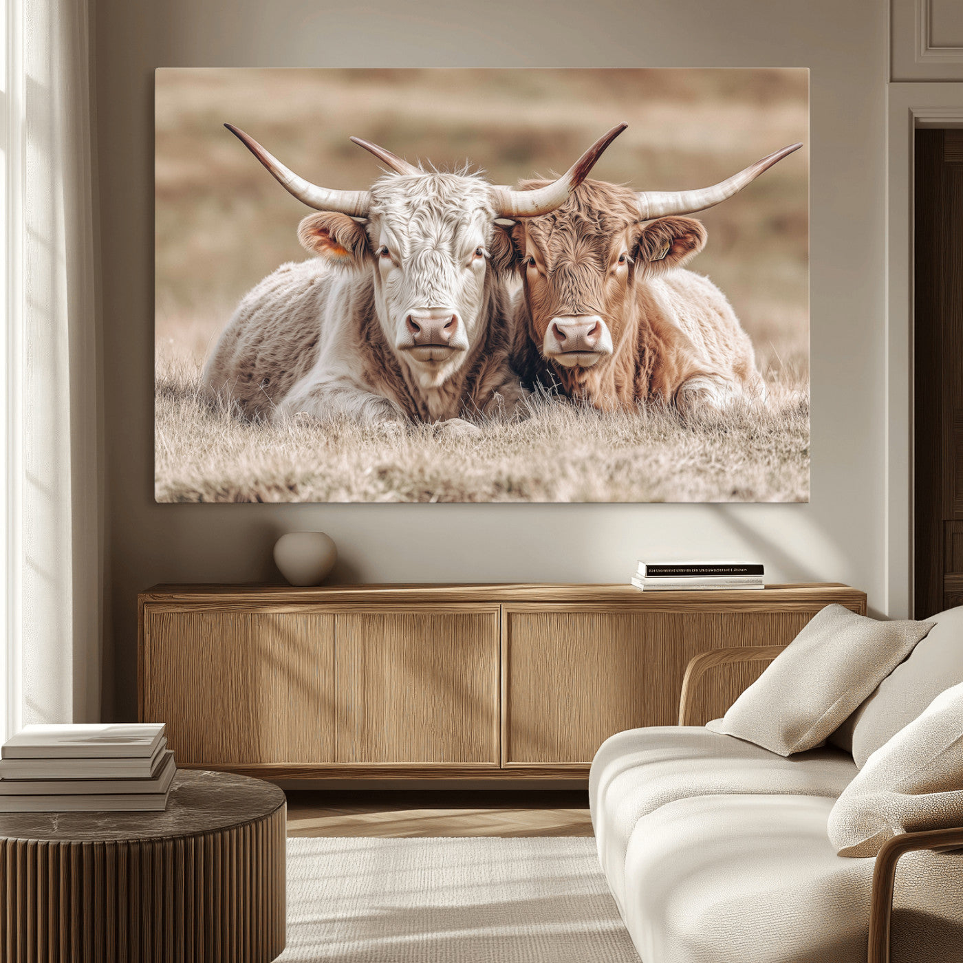 Two Highland cows with long horns lying side by side on a grassy field, featuring soft natural tones and a calm rural setting.