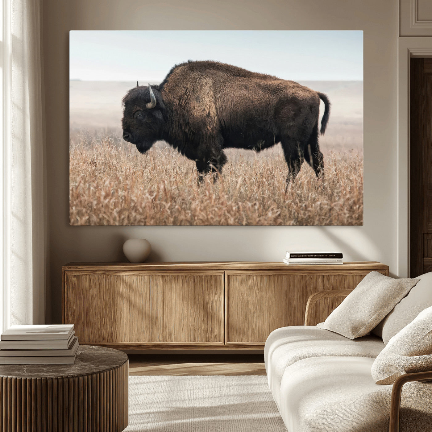 MGV-CV-36X24 - American Bison in Field  Wall Art Canvas Print – Powerful Winter Wildlife Scene with Buffalo in