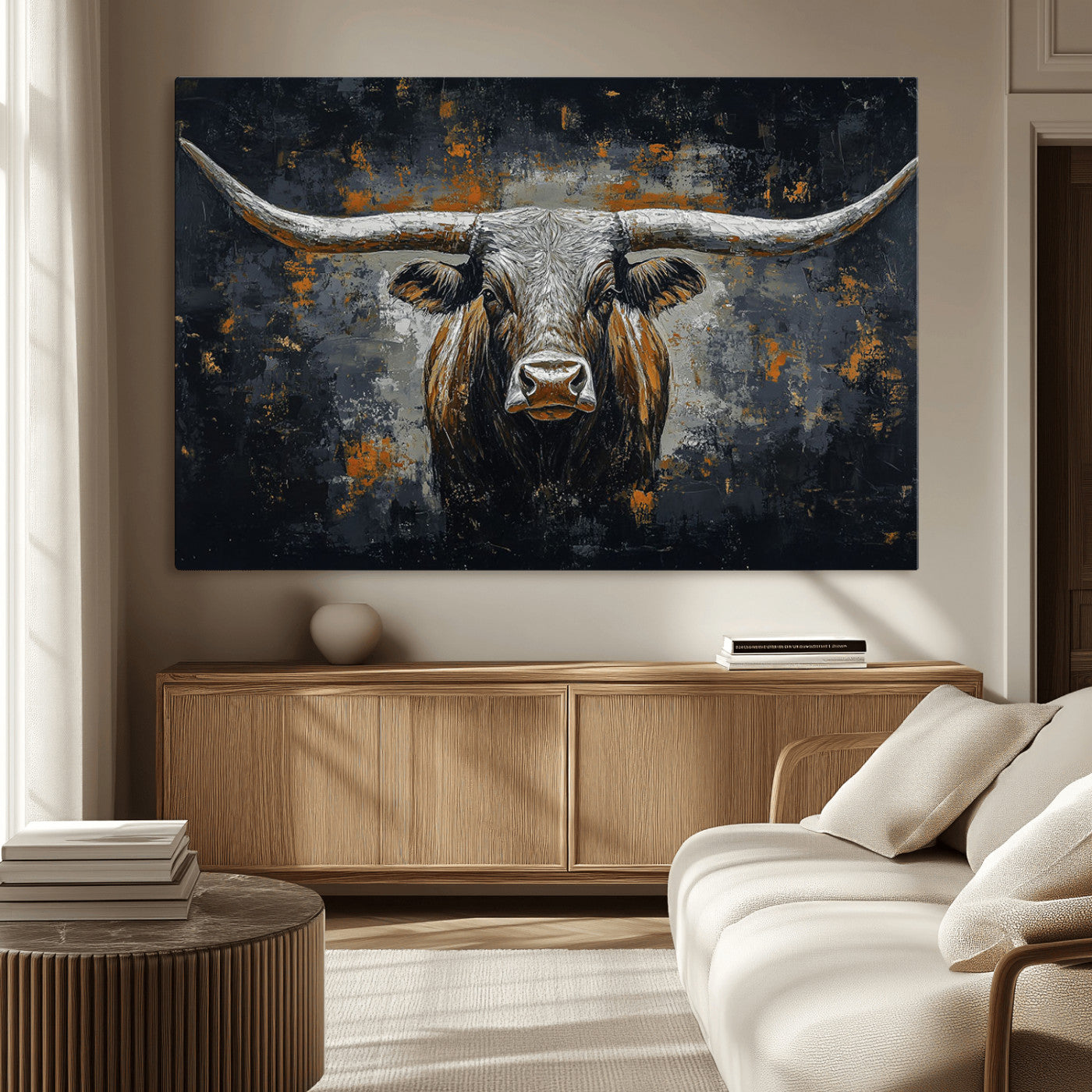 93195031-MGV-CV-36X24-Rustic Longhorn Bull Wall Art Canvas Print – Vintage Western Cattle Painting, Texas Steer Artwork for Ranch, Farmhouse or Cowboy Decor