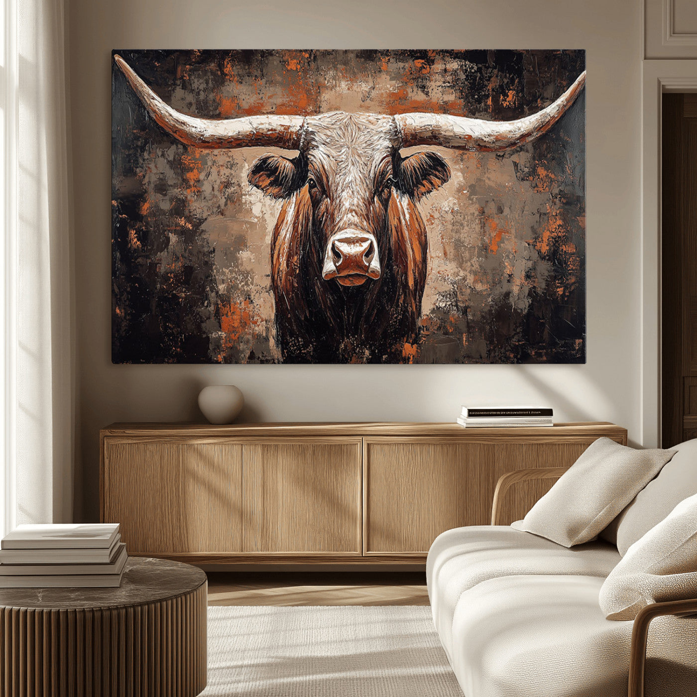 42732393-MGV-CV-36X24-Rustic Longhorn Bull Wall Art Canvas Print – Vintage Western Cattle Painting, Texas Steer Artwork for Ranch, Farmhouse or Cowboy Decor