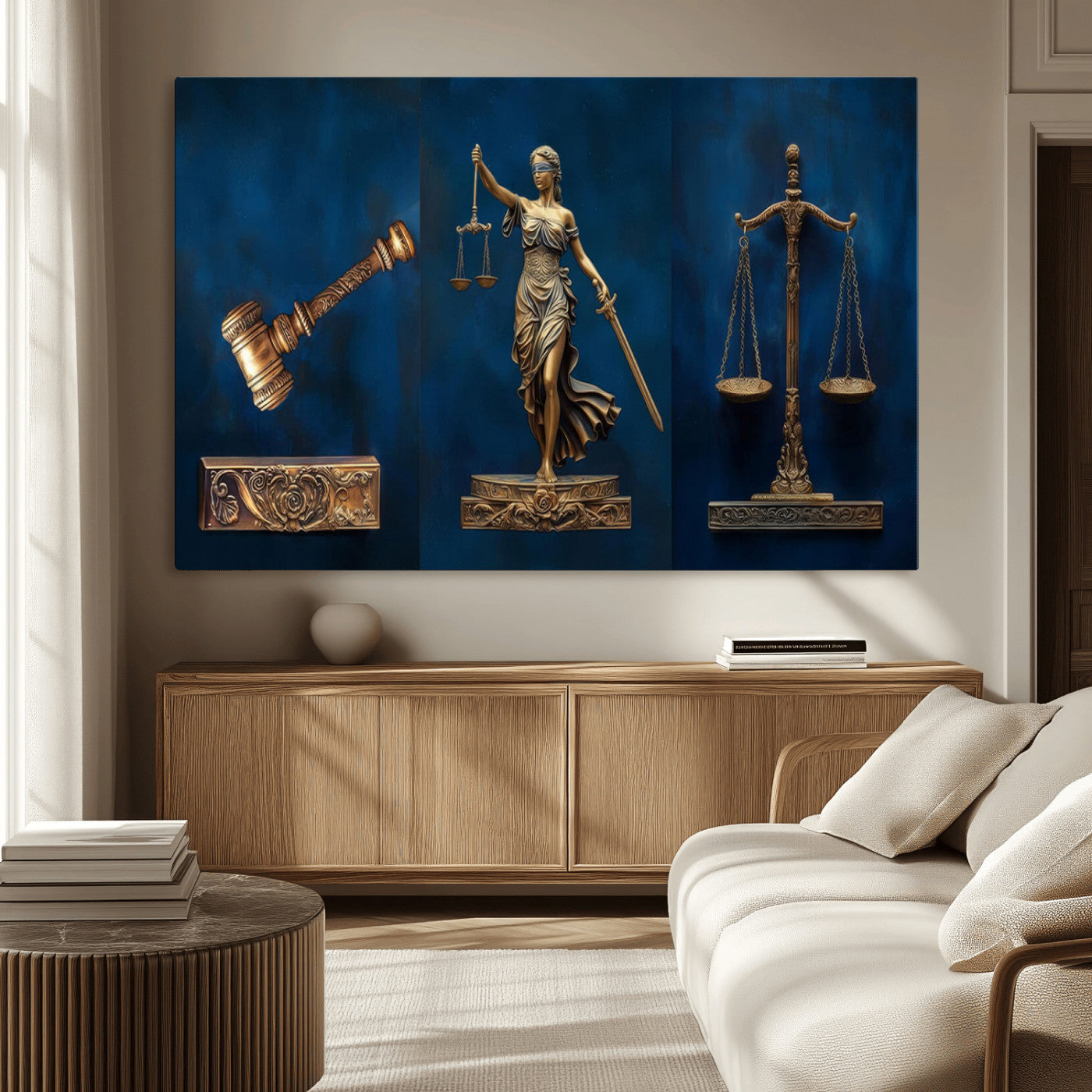 MGV-CV-36X24 - Lady Justice Wall Art Canvas Print – Elegant Gold Legal Symbols on Blue Background, Perfect for Law