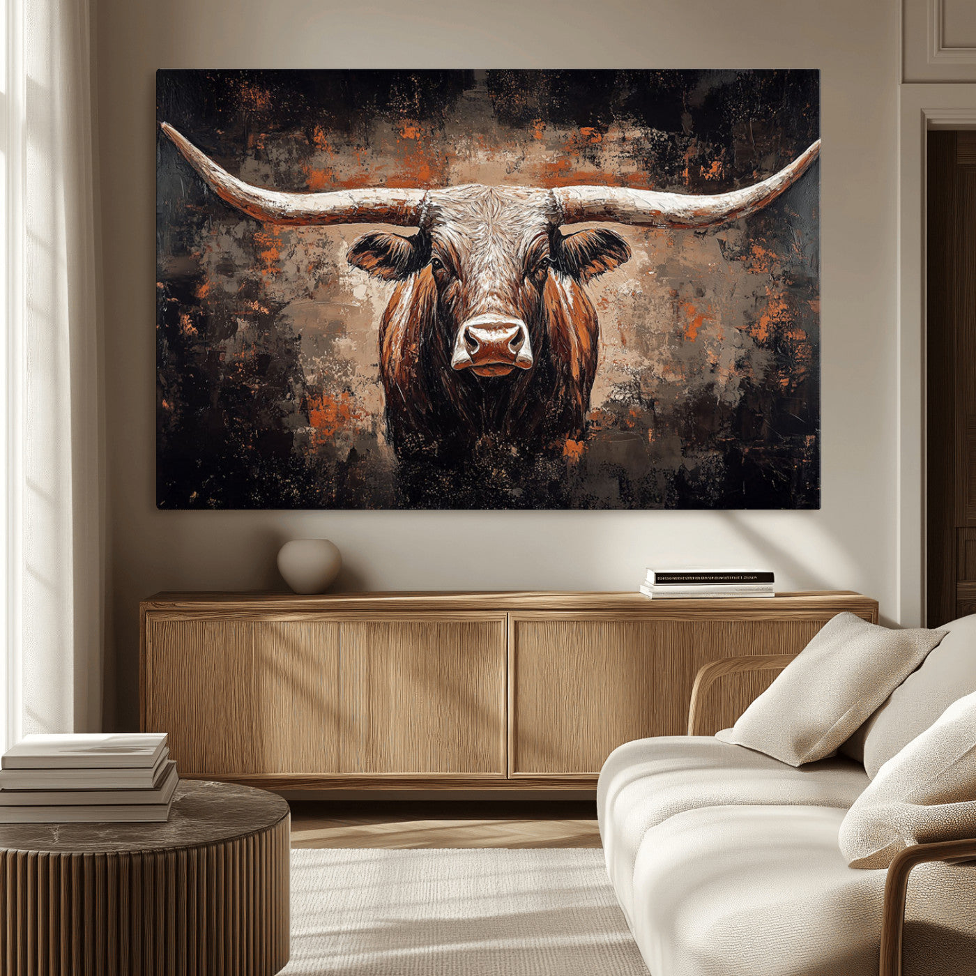 MGV-CV-36X24 - Rustic Longhorn Bull Wall Art Canvas Print – Vintage Western Cattle Painting, Texas Steer Artwork Print
