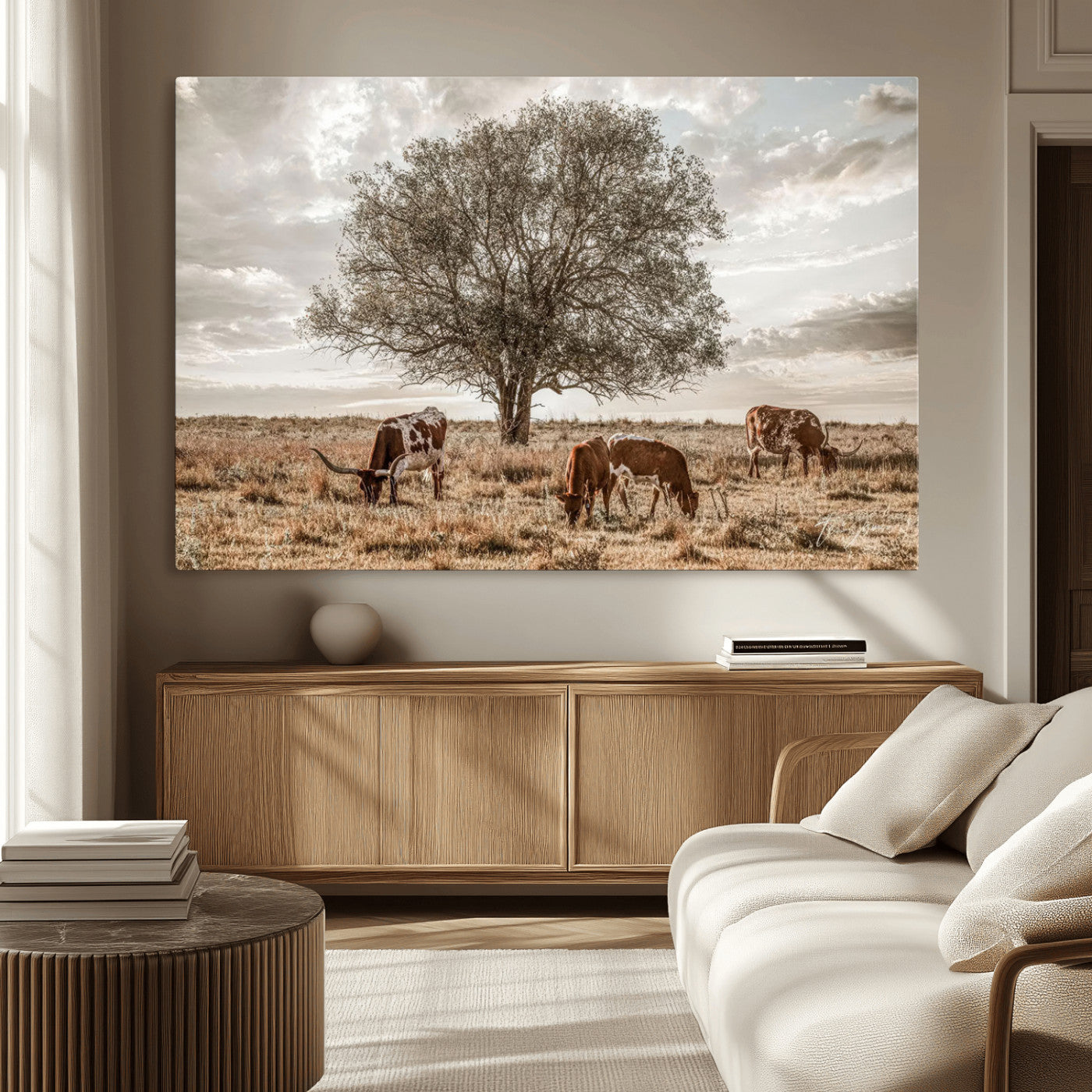 Texas Longhorn Cattle Wall Art Canvas Print – Rustic Western Ranch Scene with Steers at Sunset, Perfect for Farmhouse or Cowboy Decor