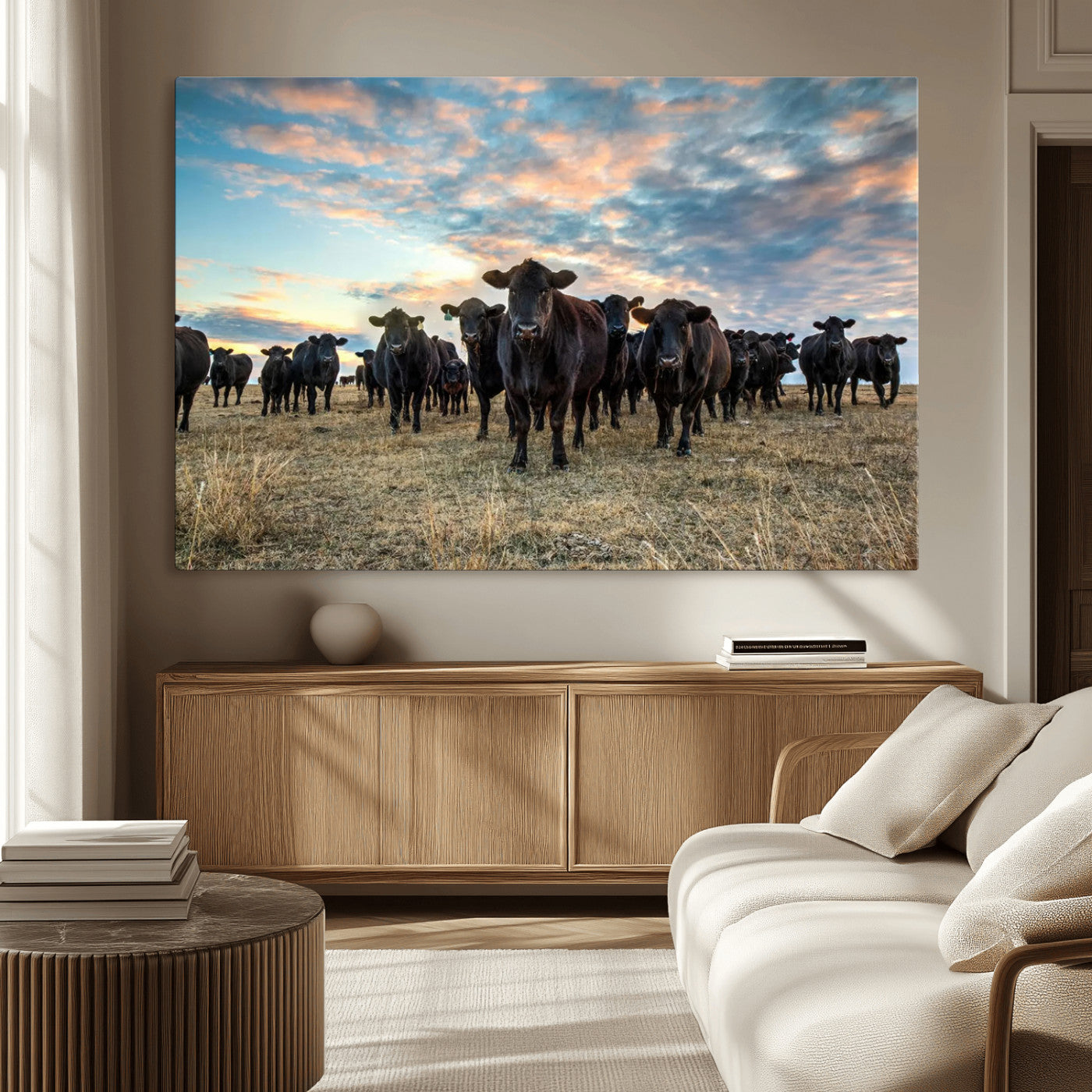 13867292-MGV-CV-36X24-Texas Longhorn Cattle Wall Art Canvas Print – Rustic Western Ranch Scene with Steers at Sunset, Perfect for Farmhouse or Cowboy Decor
