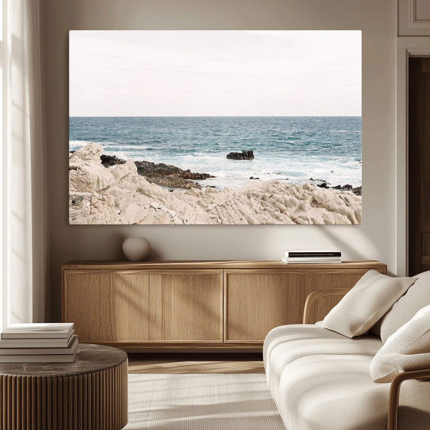 Coastal Ocean View Wall Art Canvas Print – Serene Rocky Shoreline and Blue Sea Photography for Coastal Chic or Minimalist Home Decor