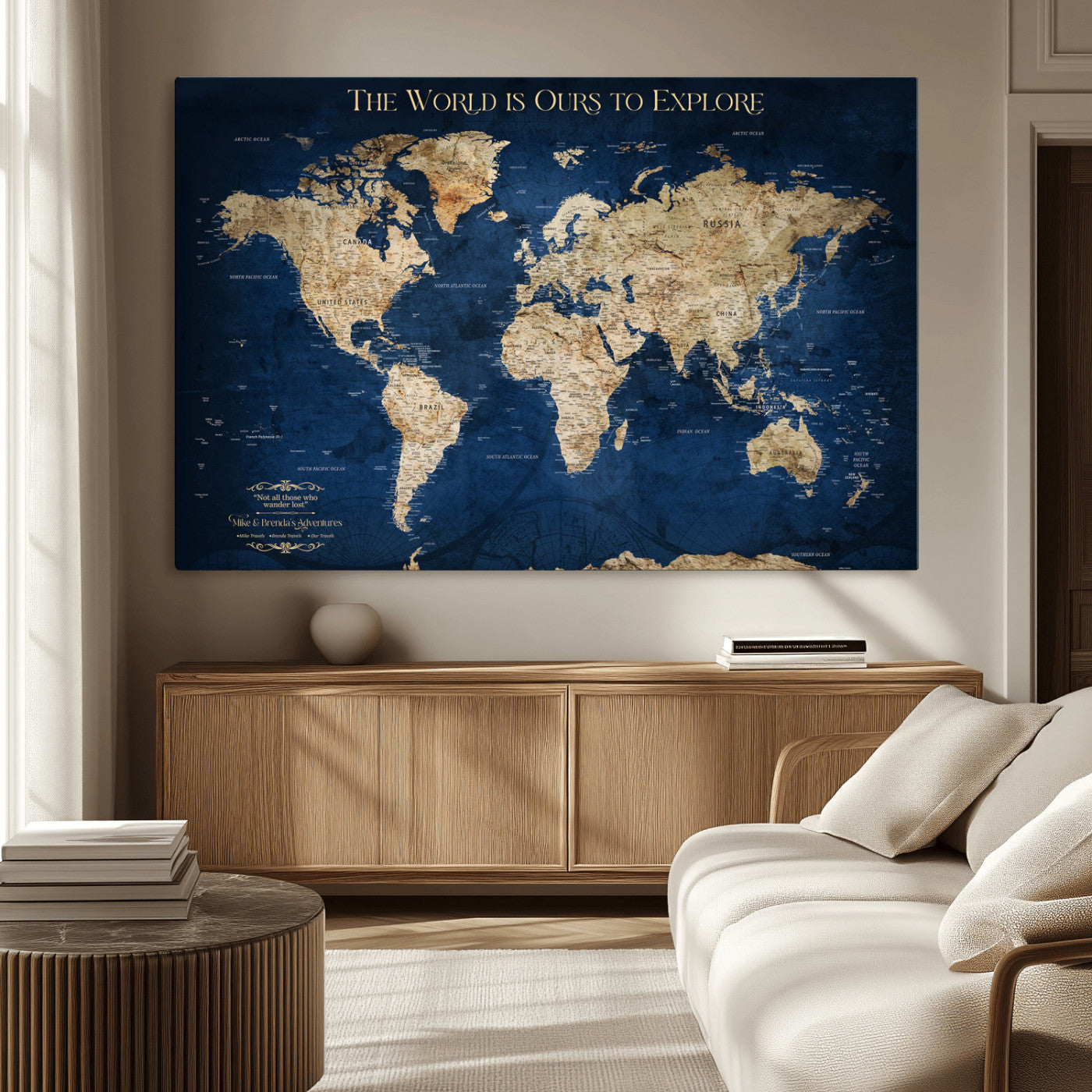 10181149-MGV-CV-36X24-Custom Push Pin World Map Wall Canvas Print – Personalized Travel Tracker with Pins – Framed Large