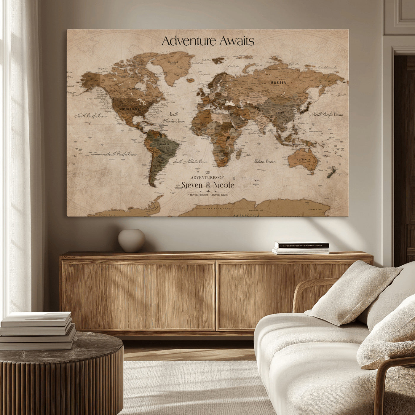 MGV-CV-36X24 - Custom Push Pin World Map Wall Canvas Print – Personalized Travel Tracker with Pins – Framed Custom Quotie Canvas for Home Office Decor