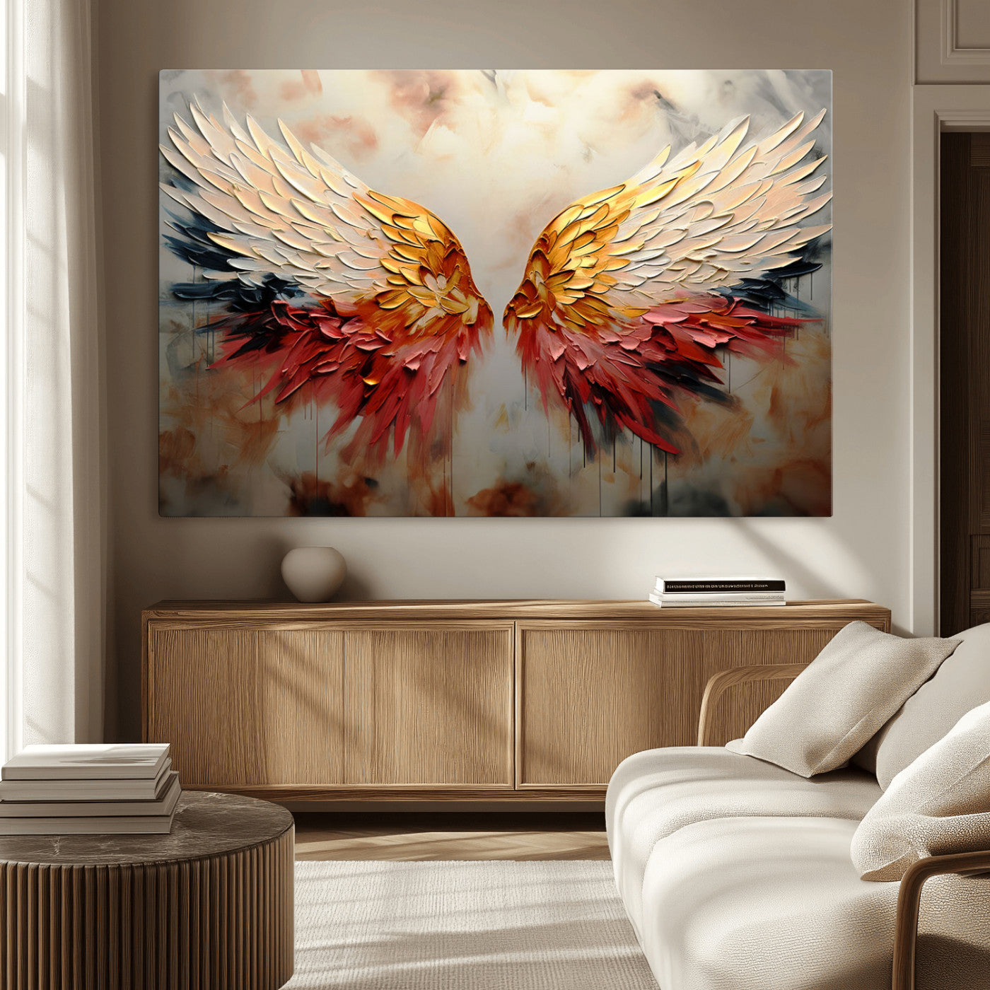 A stunning 3D-style painting of angel wings with vibrant gold, red, and black hues, creating a dramatic and striking visual effect.