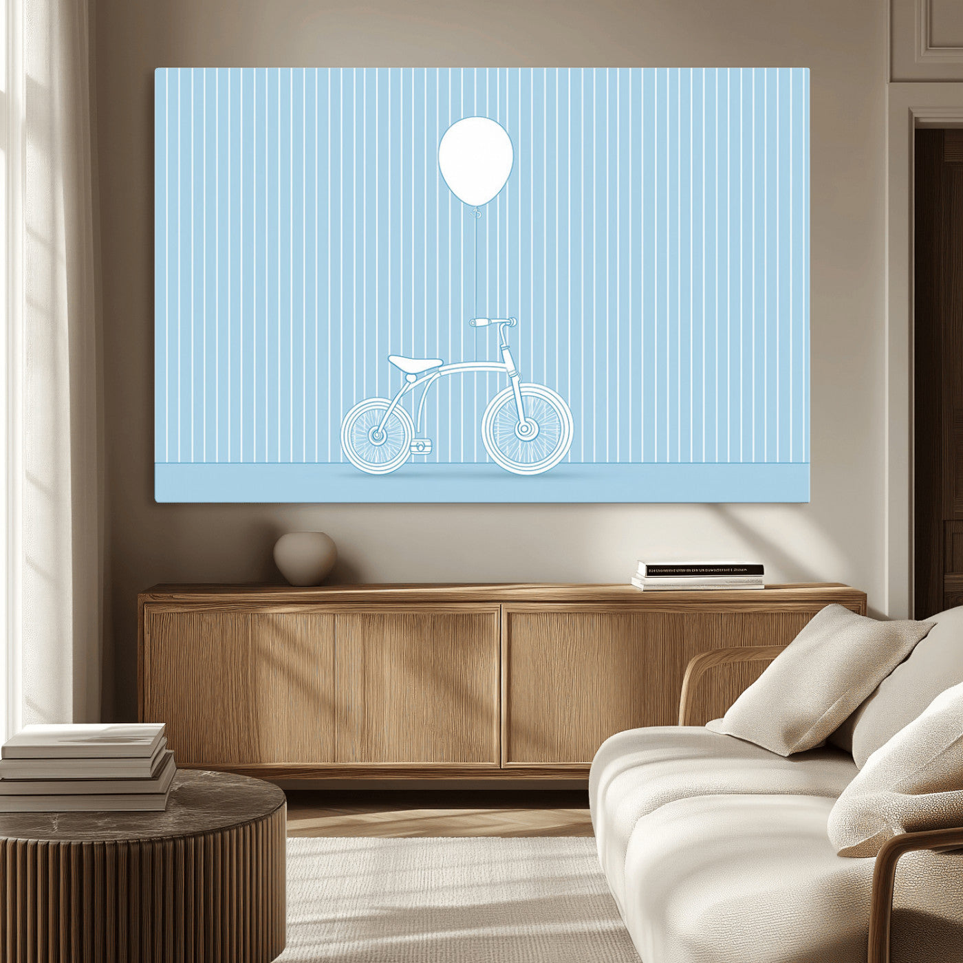 A minimalistic blue line drawing of a bicycle with a balloon floating above it, set against a soft striped background.