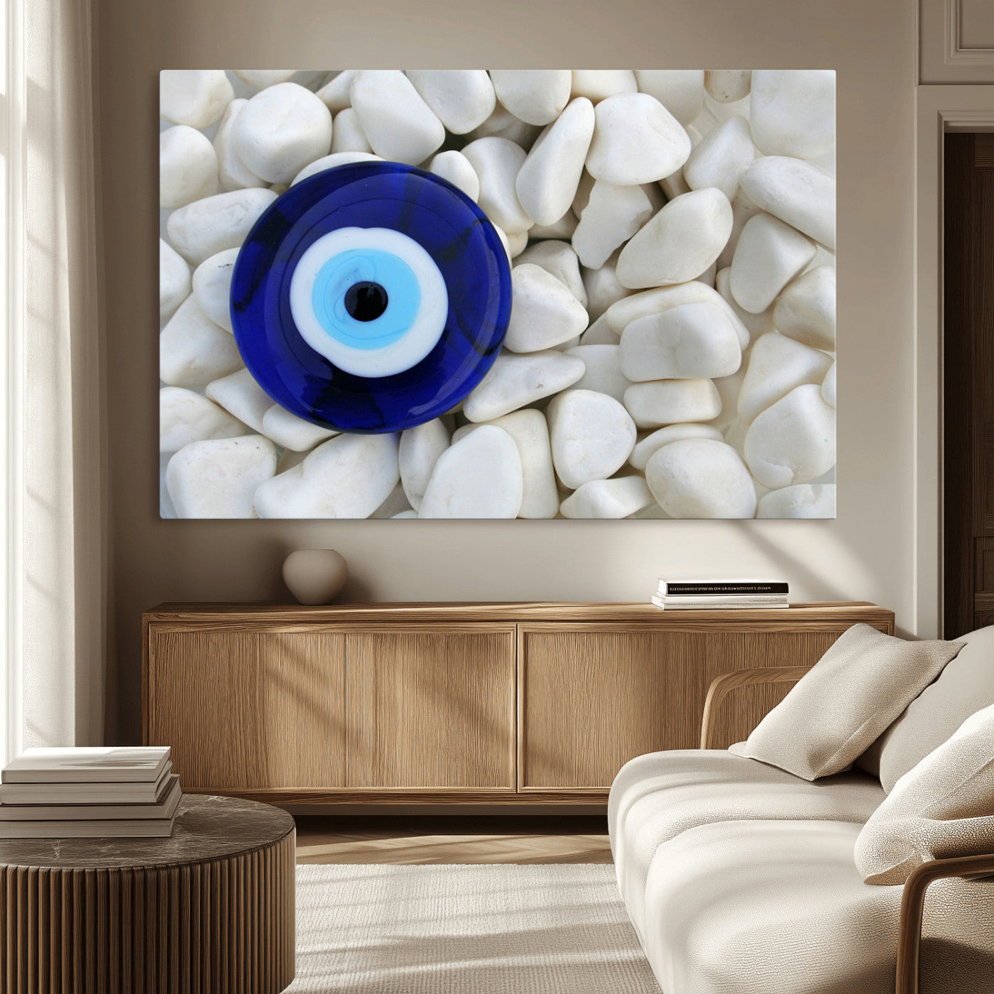 A close-up of a blue evil eye charm placed on white pebbles, symbolizing protection and good luck.