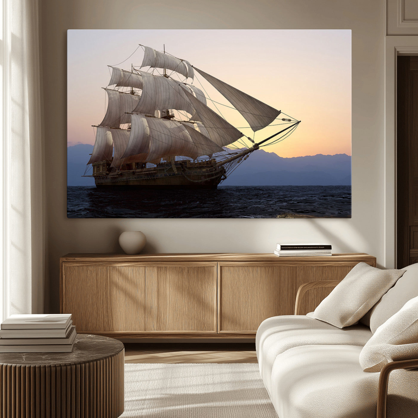 A majestic sailing ship with full sails, gliding through the ocean at sunset, with the soft glow of the sky casting a serene backdrop.