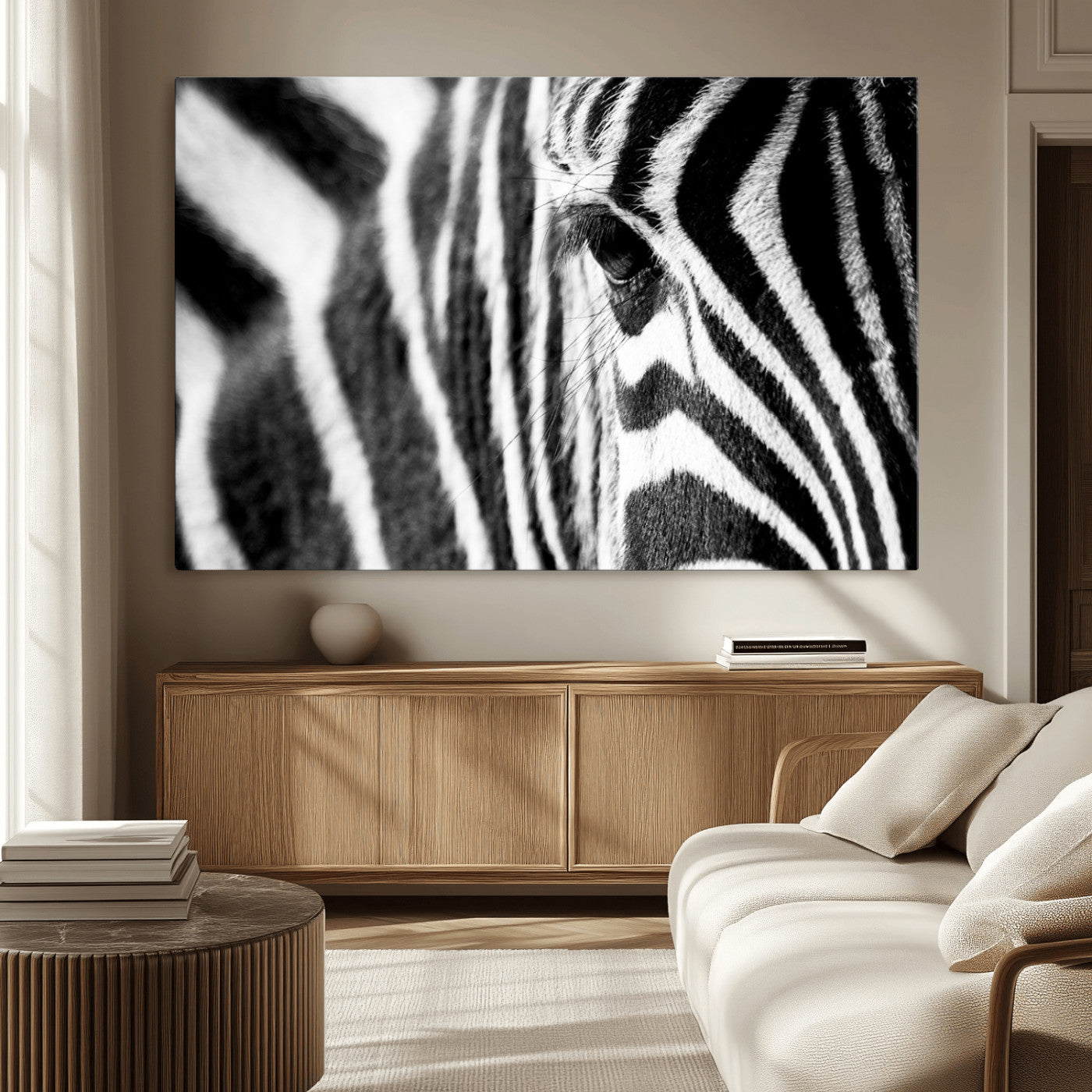 A close-up black and white photograph of a zebra's eye, showcasing the intricate patterns of its stripes in sharp detail.