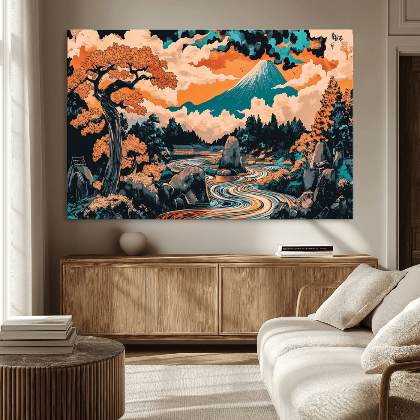 A vibrant Japanese-inspired landscape featuring Mount Fuji, a winding river, and autumn-colored trees under a dramatic sky, in bold and vivid hues.