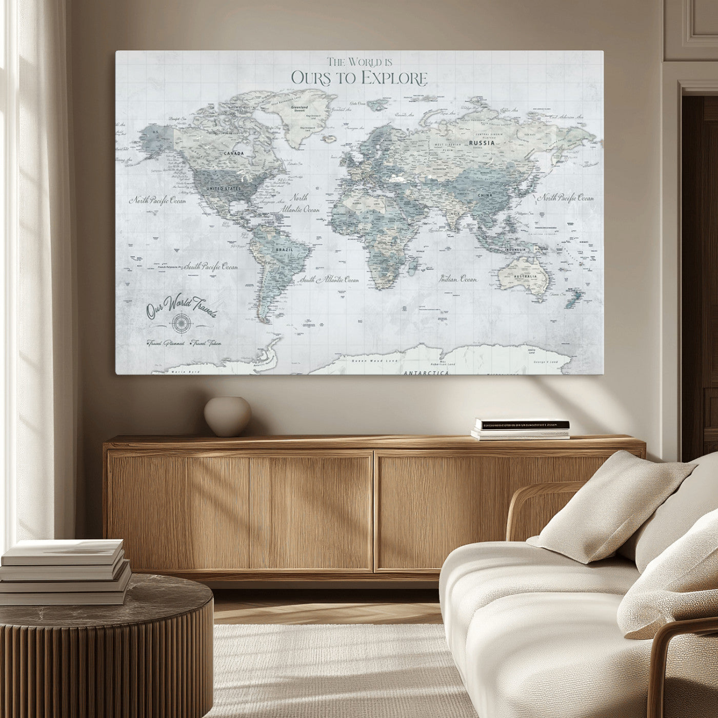 Custom Push Pin World Map Wall Canvas Print – Personalized Travel Tracker with Pins – Framed Custom Quotie Canvas for Home Office Decor