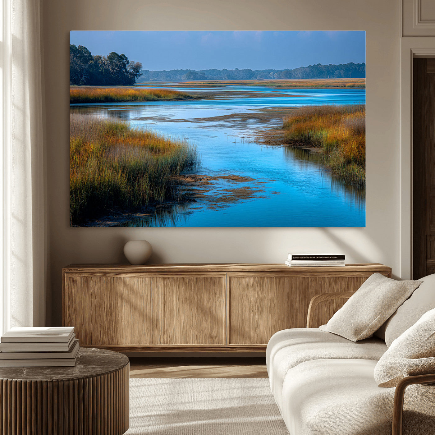 A peaceful marshland scene with calm blue water reflecting the surrounding grasses and trees, capturing the beauty of nature in a serene landscape.