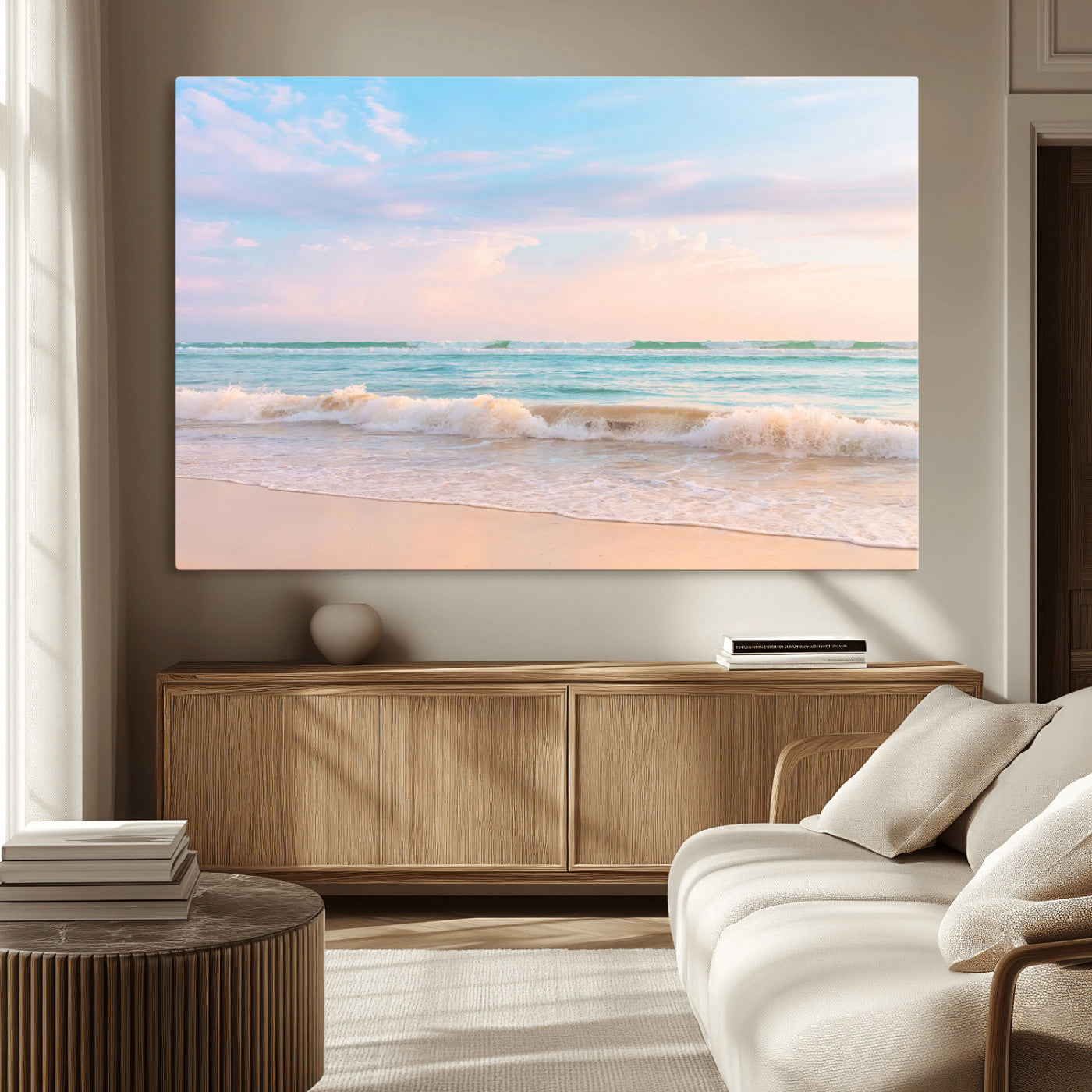 A peaceful beach scene with soft pastel skies, gentle waves washing up on the sandy shore, creating a calm and serene ocean view.