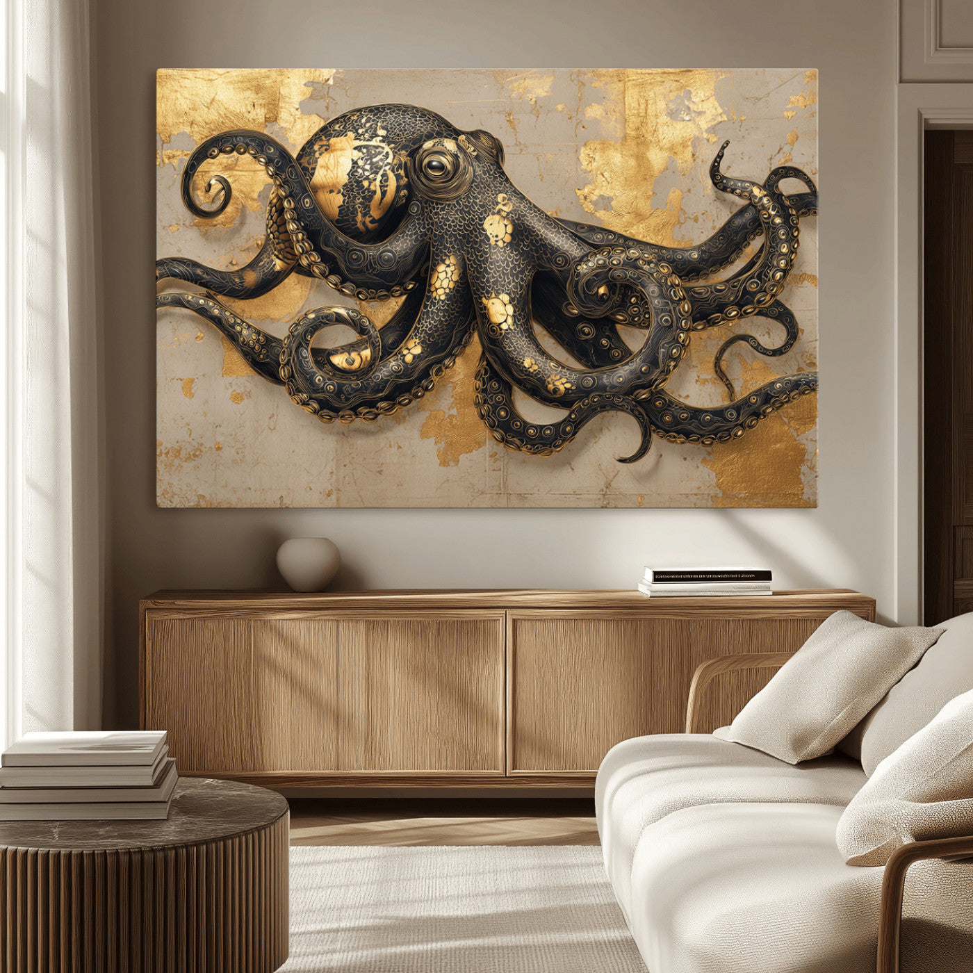A stunning golden and black illustration of an octopus on a textured background with gold leaf accents, highlighting its intricate tentacles and unique design.