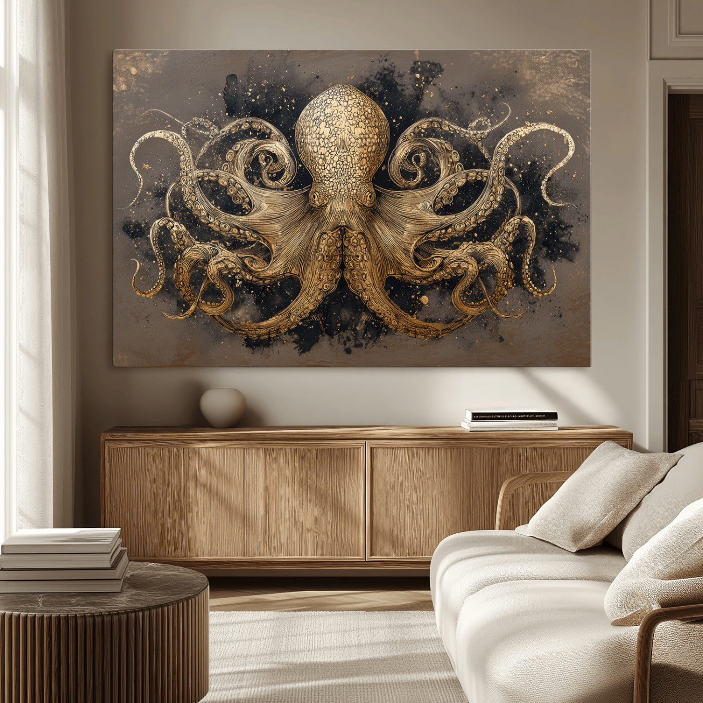 A beautifully detailed illustration of an octopus in gold ink on a textured dark background, with swirling tentacles and intricate patterns.