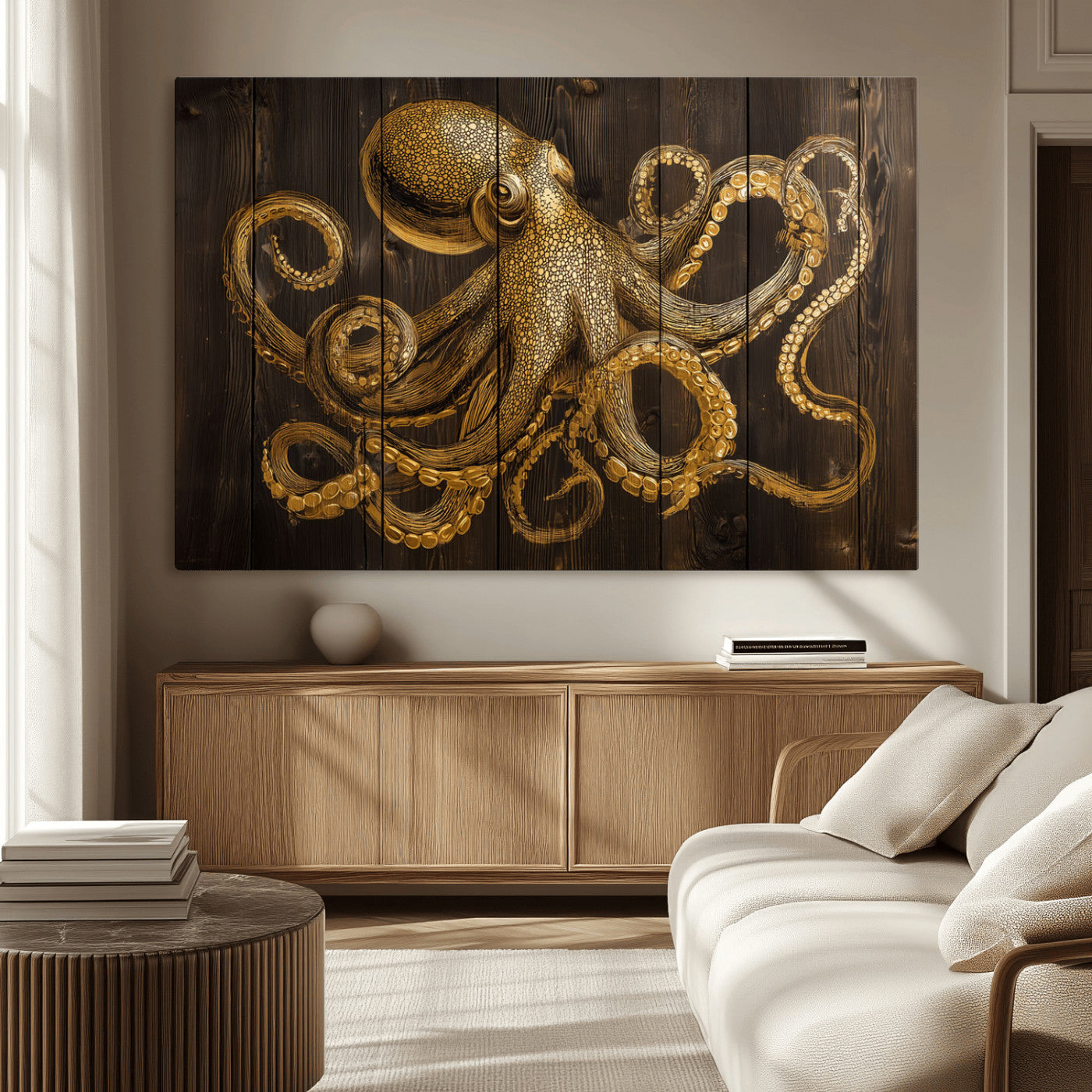 An artistic rendering of an octopus in gold ink on wooden planks, showcasing intricate details of its tentacles and textured skin.