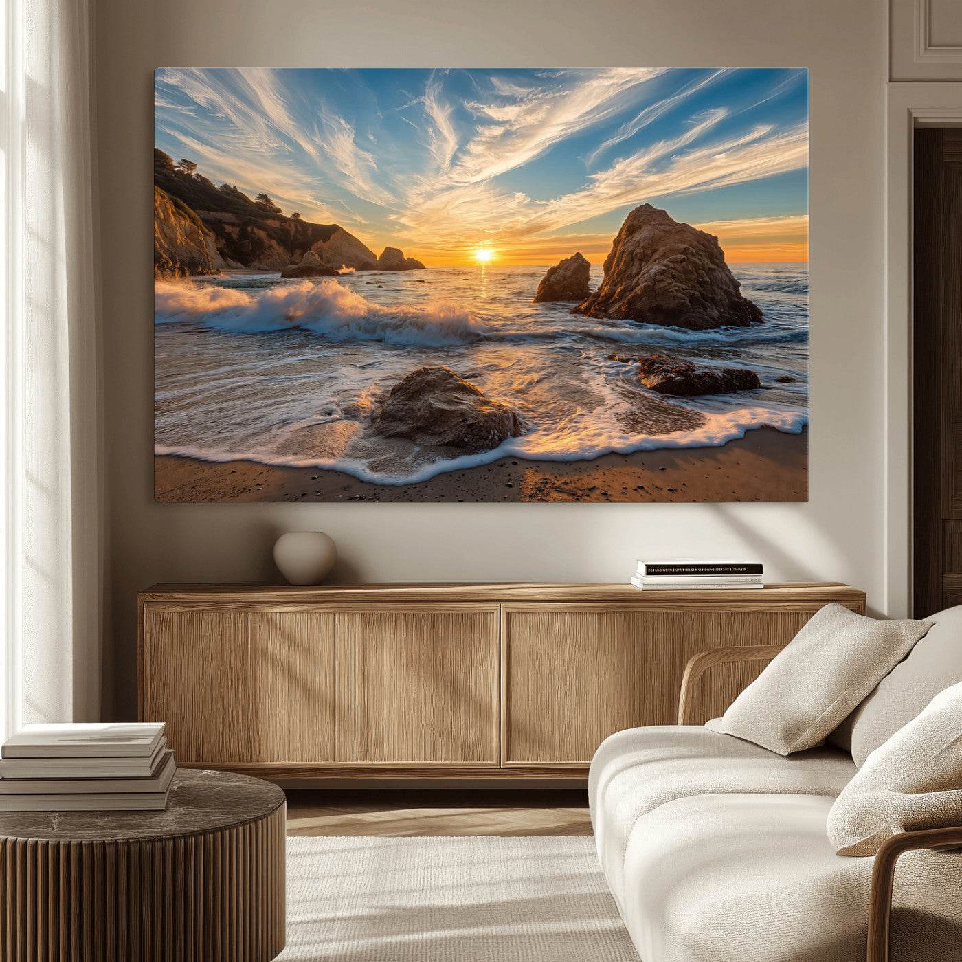 Rocky Ocean Sunset Wall Art Print, Seaside Canvas Wall Art, Dramatic Seascape Canvas Print for Coastal Modern Decor, Ocean Sunset Art Printing
