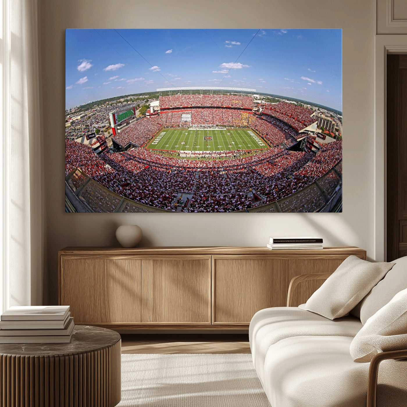 An William Brice-Stadium view of a full football stadium with cheering fans and clear blue skies, capturing the excitement and energy of the game.