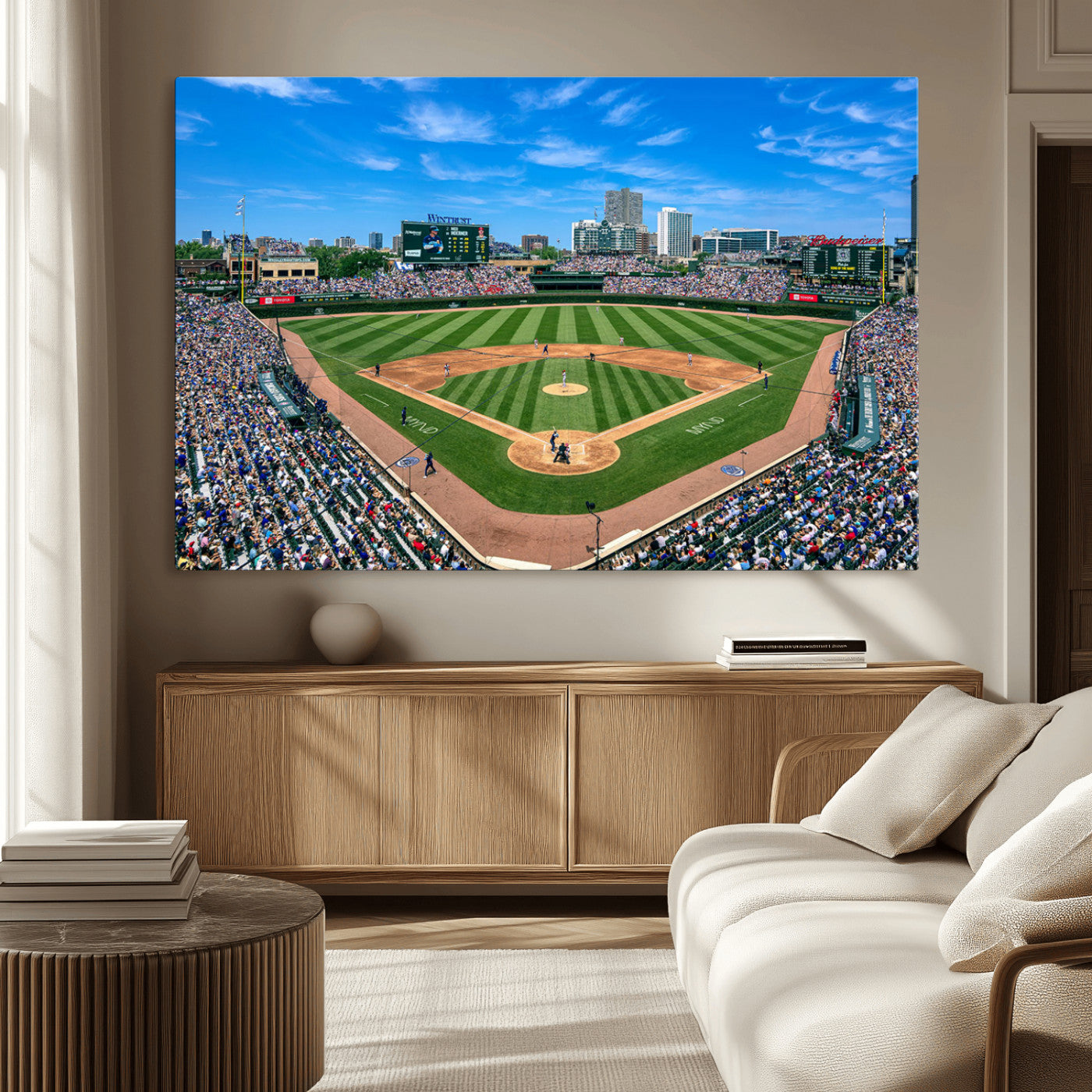 Wrigley Field Baseball Stadium Canvas Wall Art, Packed Crowd Sports Stadium Print, City Skyline Baseball Field Canvas for Game Room Decor