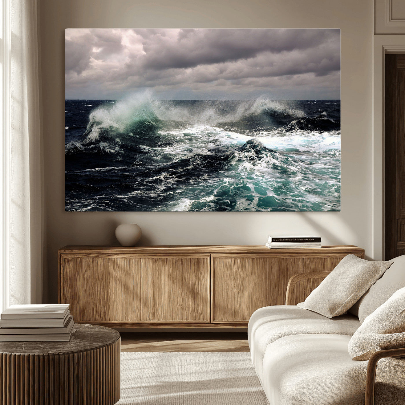 Powerful ocean waves crashing under stormy skies, creating a dynamic and intense seascape.