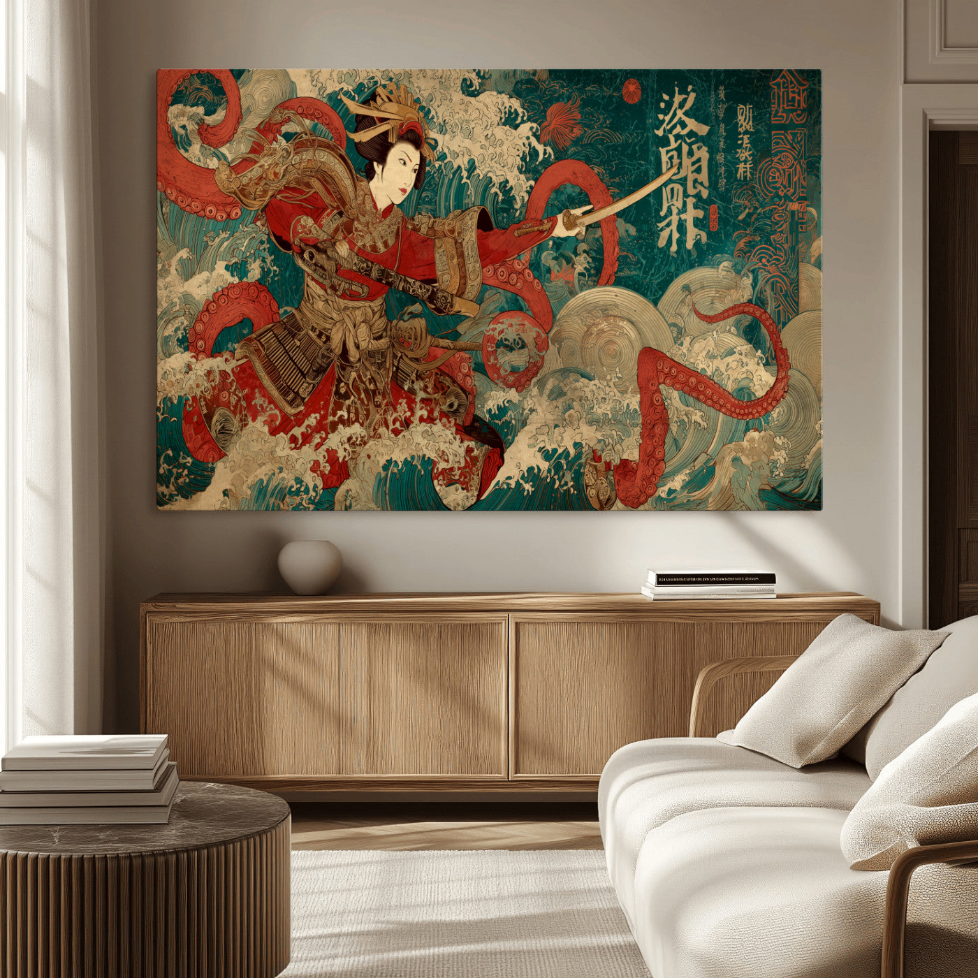 MGV-CV-36X24 - Tsukioka Yoshitoshi Samurai Wall Art Print, Japanese Katana Warrior Canvas Wall Art, Octopus Sea Monster Canvas Print,
