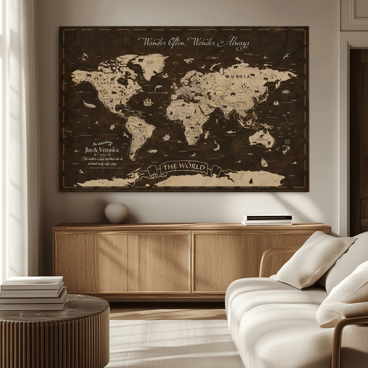 47004909-MGV-CV-36X24-Customize Push Pin World Map Wall Art Canvas Print – Personalized Map for Kids Room – Framed Custom Animal Map for Stady Room Decor