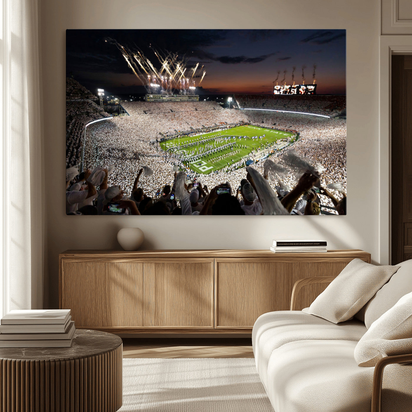 Penn State Stadium Wall Art Print, White Out Football Game Canvas Wall Art, Framed Sports Stadium, Large College Football Canvas Print for Game Room - Man Cave + 555