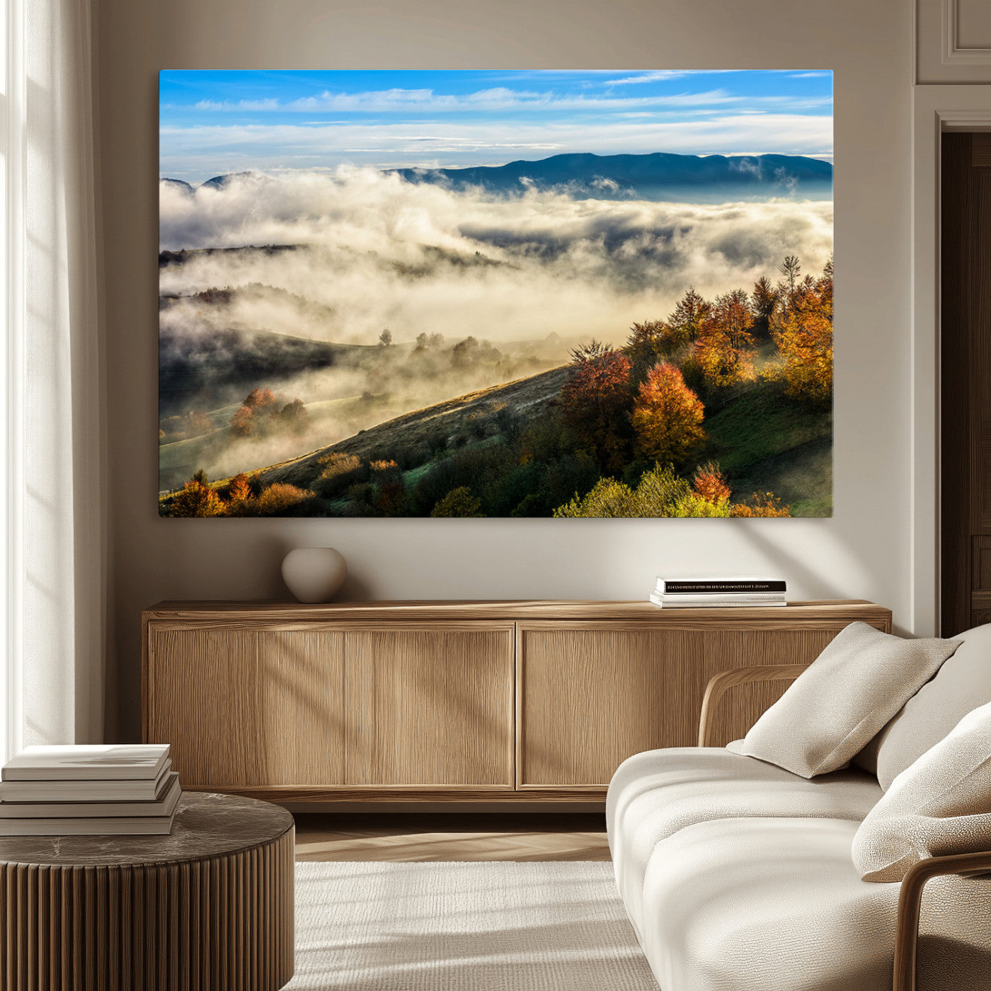 21551192-MGV-CV-36X24-Misty Autumn Hills Canvas Wall Art, Foggy Forest Landscape, Fall Foliage Beauty, Serene Mountain View, Cozy Home Decor, Office Tranquility, Nature Calm Print