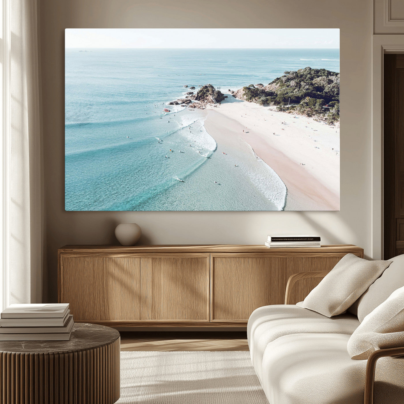 79395467-MGV-CV-36X24-Aerial Beach Canvas Wall Art Print, Coastal Ocean Waves and Surfers, Large Scenic Seaside Canvas for Home or Office 1 Panel Wrapped Canvas