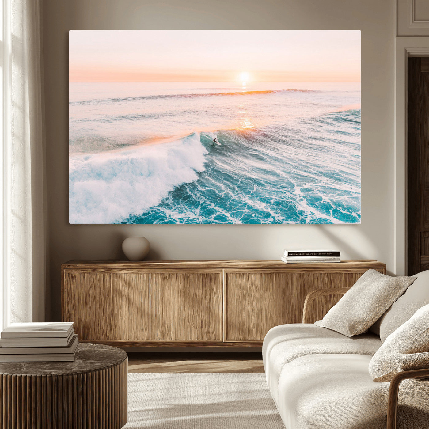 34064591-MGV-CV-36X24-Sunset Surfing Canvas Wall Art Print, Ocean Wave Surfer Decor, Large Coastal Surf Canvas for Beach House or Living Room 1 Panel Wrapped Canvas