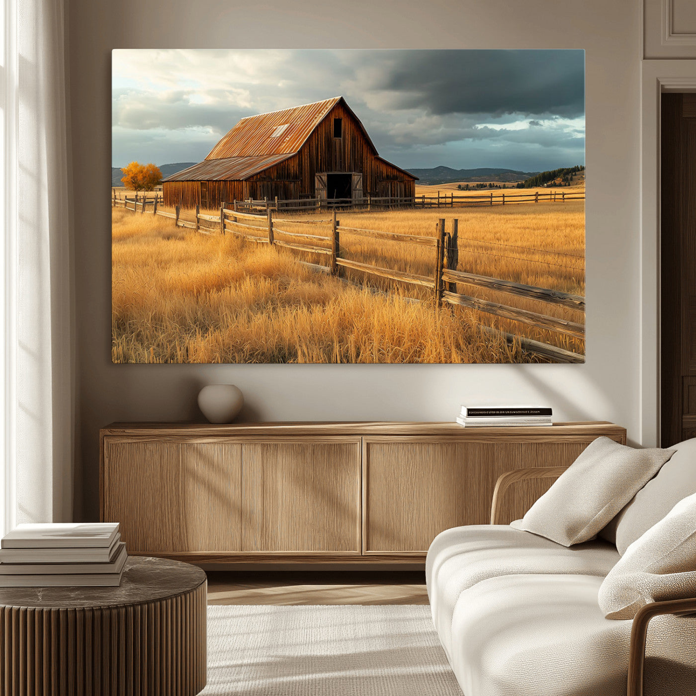 "Golden fields surrounding a rustic barn with a weathered roof, a wooden fence, and dramatic skies with sunlight breaking through the clouds."