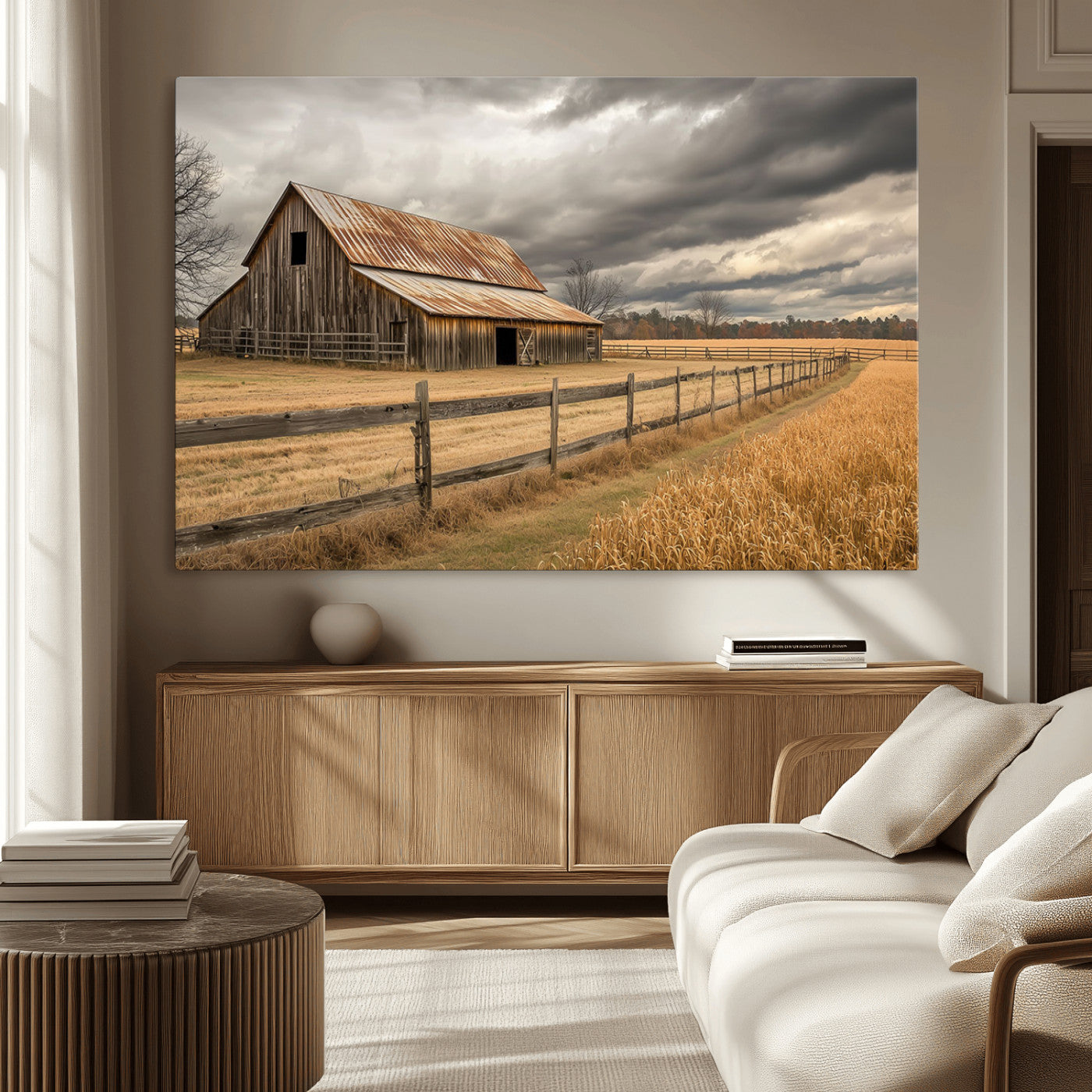 "Rustic barn with a weathered metal roof, surrounded by a wooden fence and golden fields under an overcast sky with dramatic clouds."