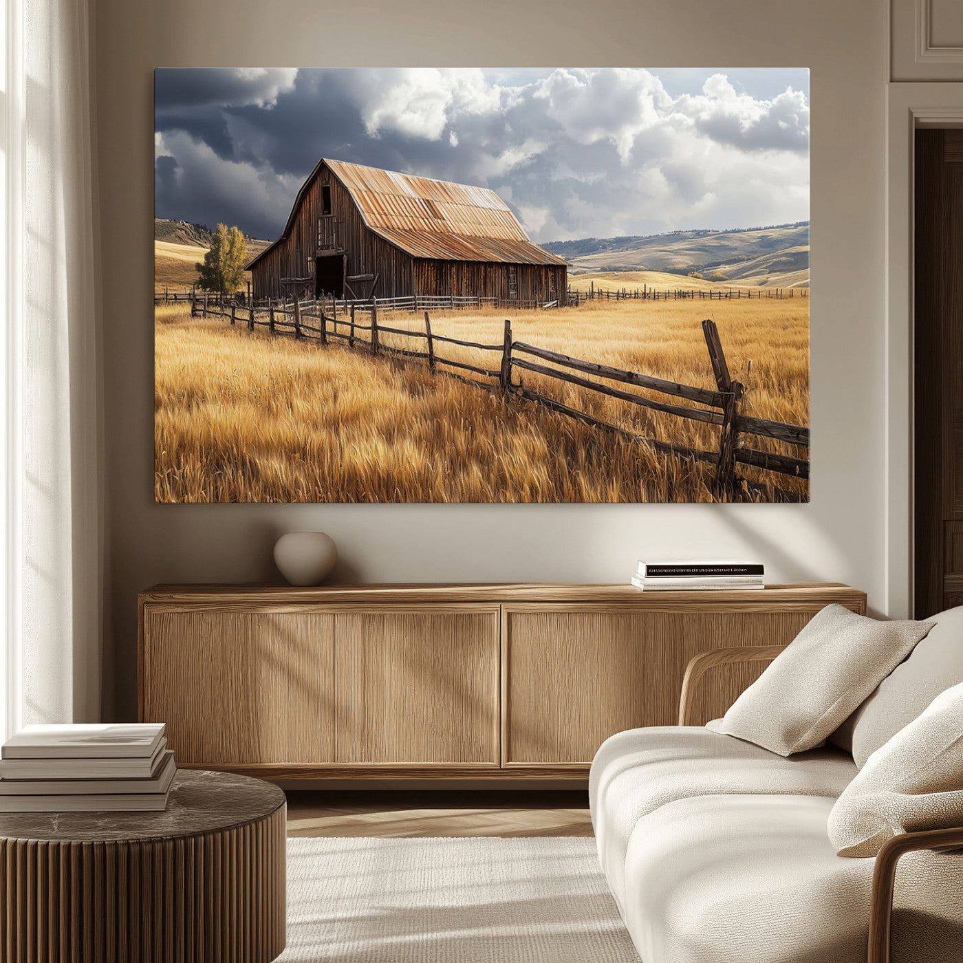 "Rustic barn surrounded by golden fields, a wooden fence, and dramatic storm clouds in the sky, capturing a serene countryside landscape."