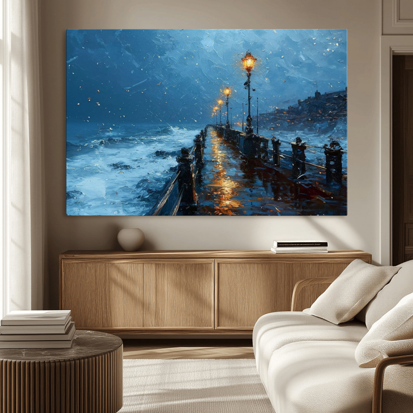 "Impressionistic painting of a stormy pier with street lamps glowing, waves crashing, and a misty ocean under a blue sky."