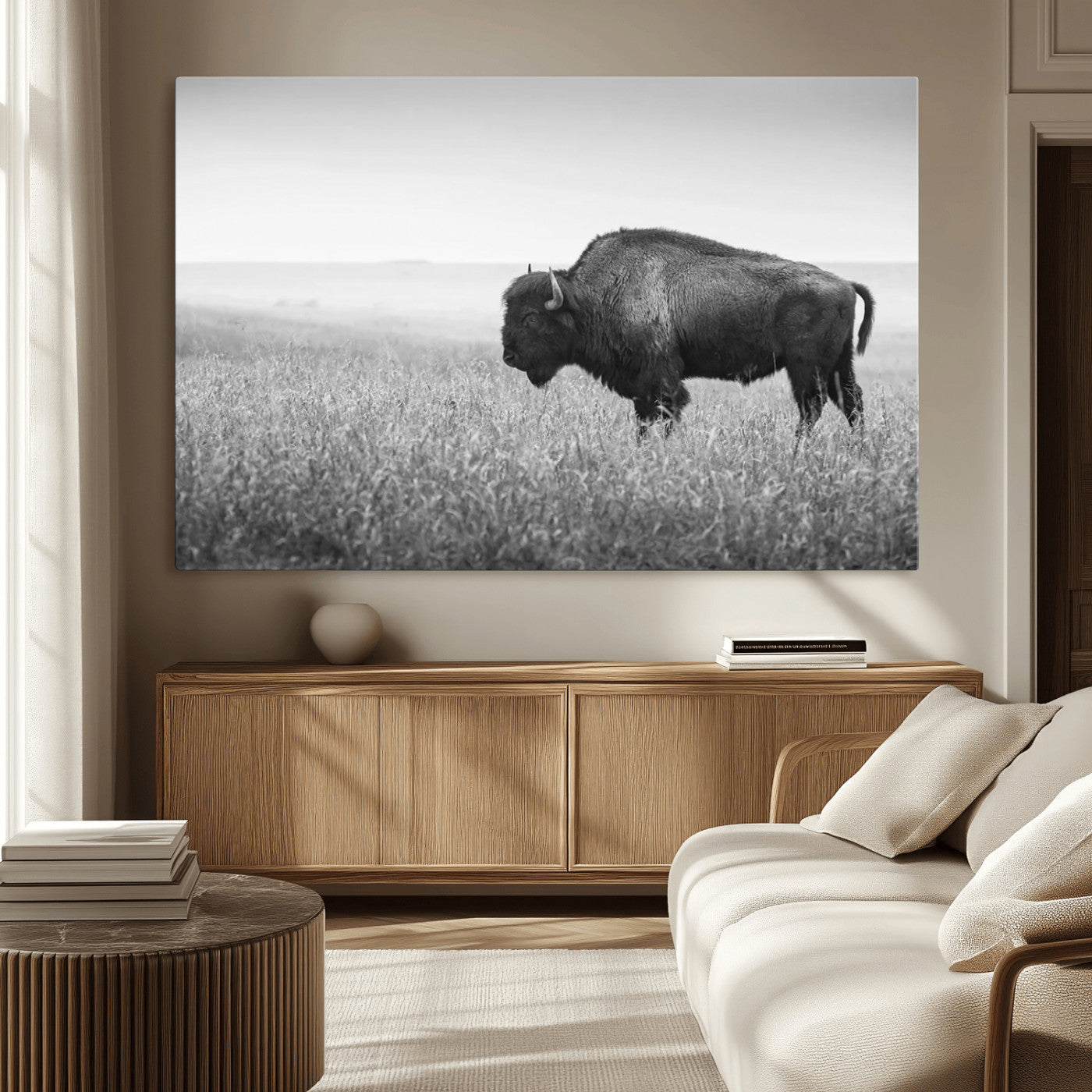 "Black and white image of a bison grazing in a vast field under an overcast sky."