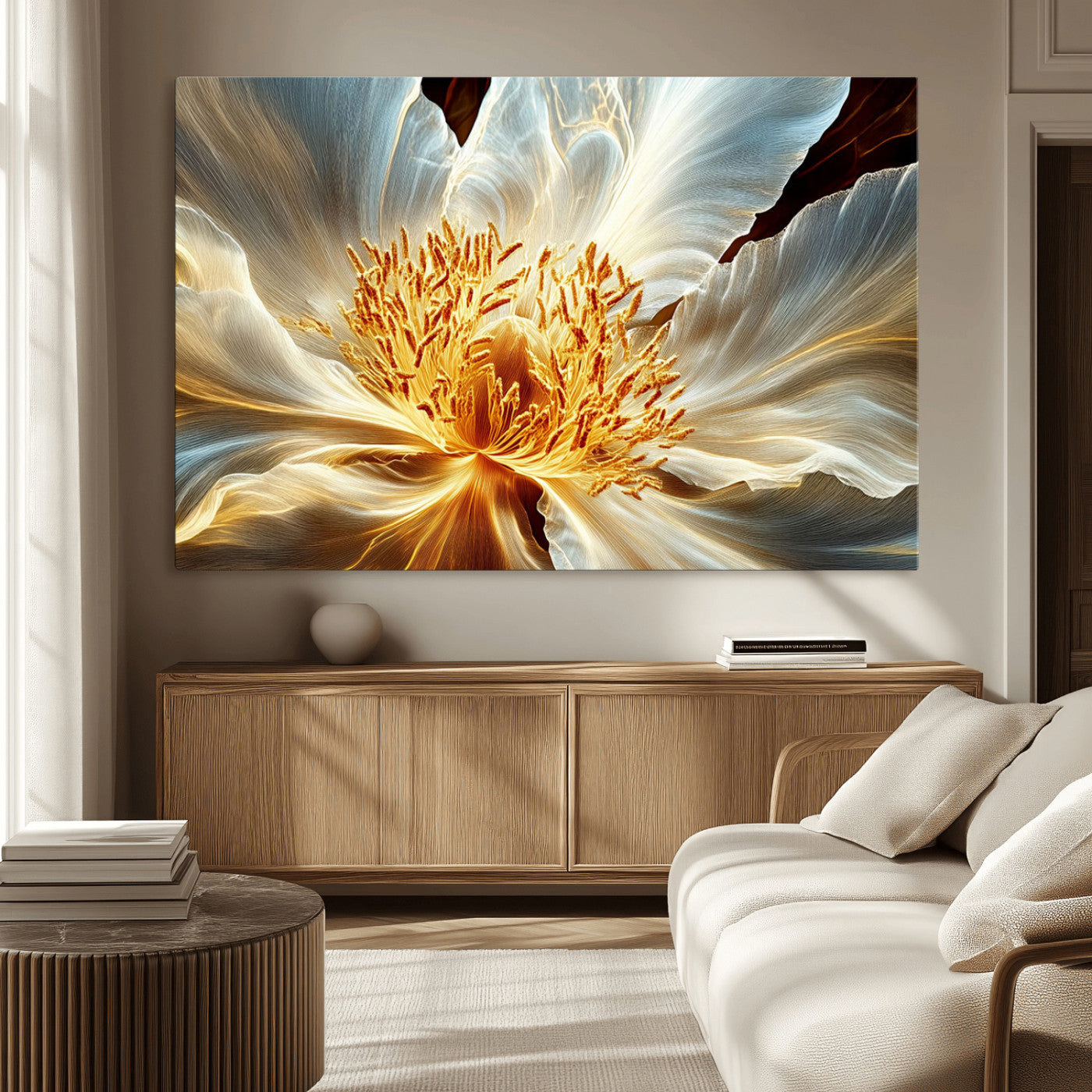 "Close-up of a glowing, abstract flower with delicate white petals and vibrant golden-yellow stamen against a dark background."