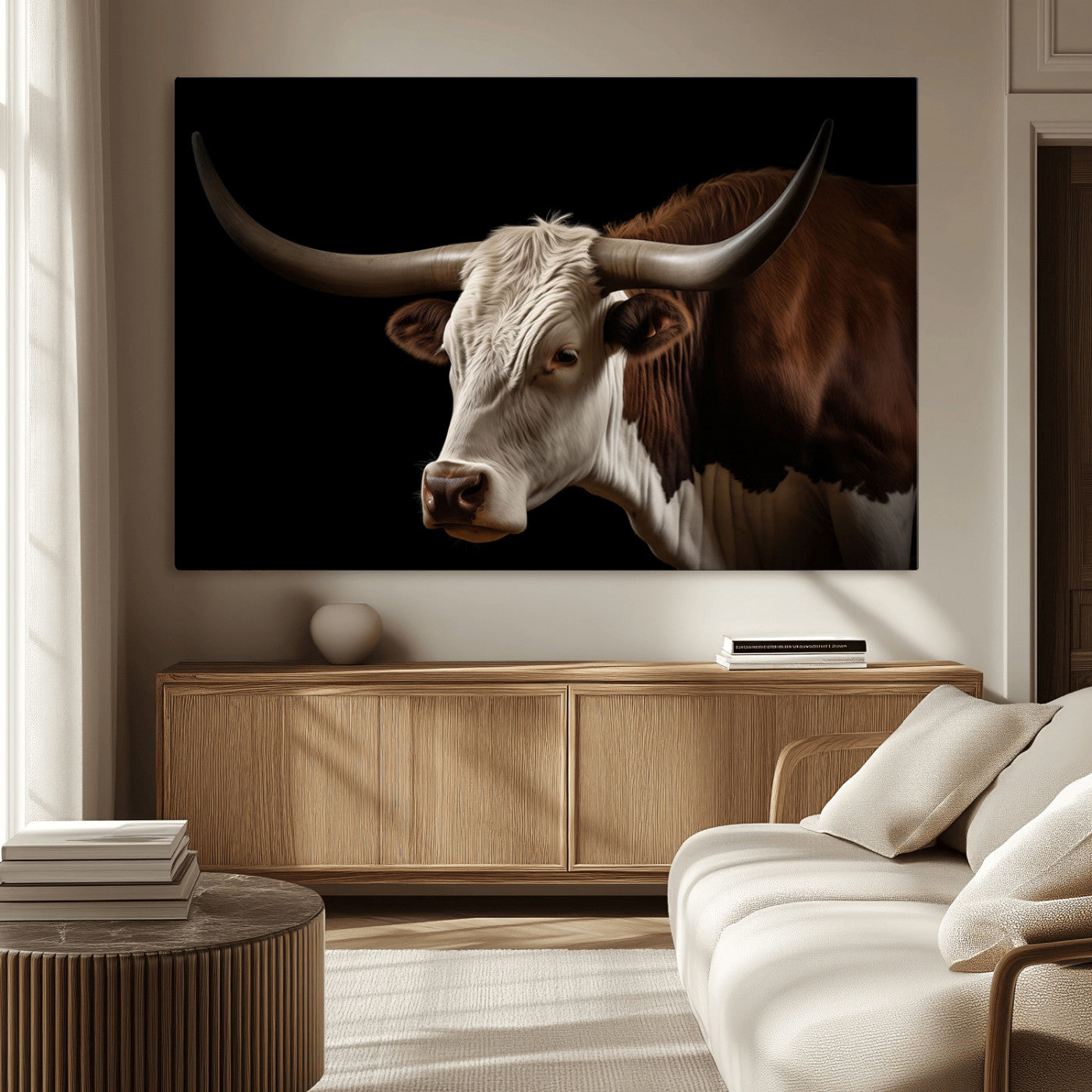 "Close-up of a brown and white longhorn cow with prominent curved horns against a black background."