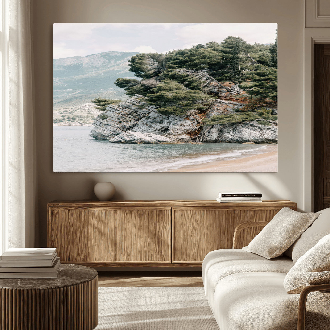 MGV-CV-36X24 - Coastal Rock Canvas Wall Art Print, Scenic Beach Landscape, Pine Trees on Rocky Cliff, Large Nature