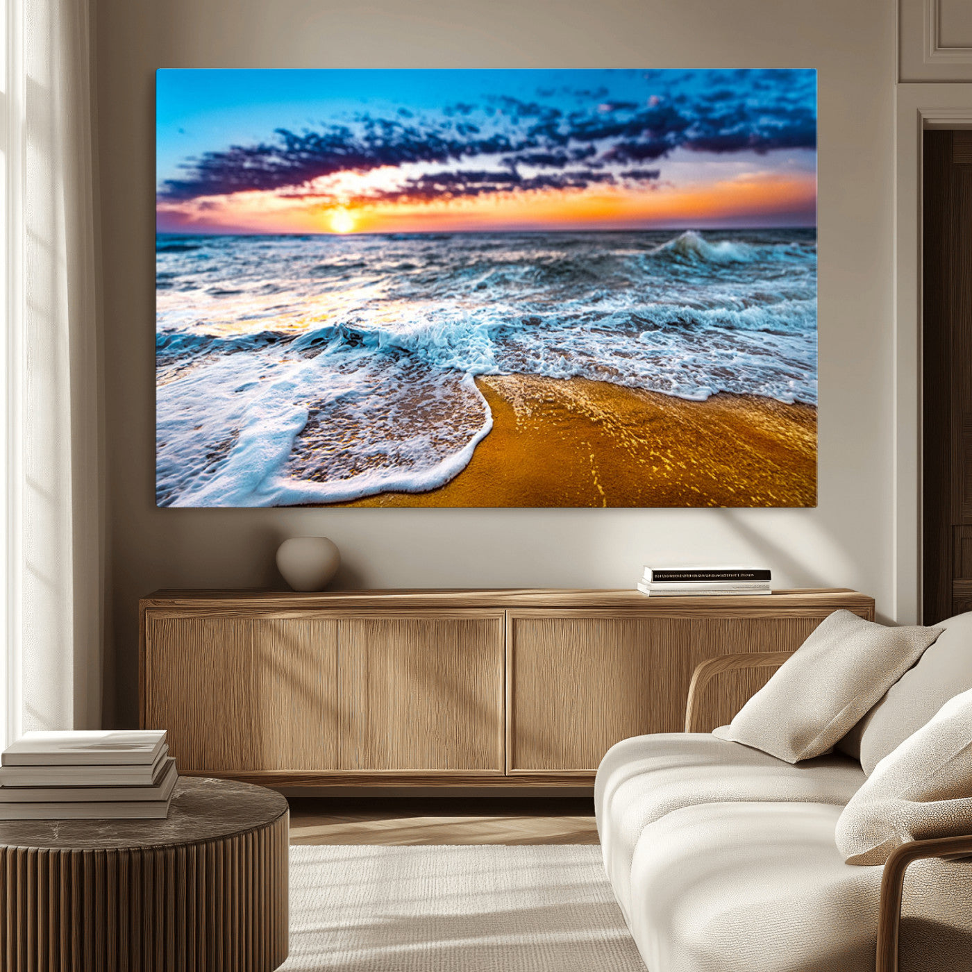 Beautiful ocean shoreline at sunset with foamy waves washing onto golden sand under a colorful sky – Wall Art Canvas Print.