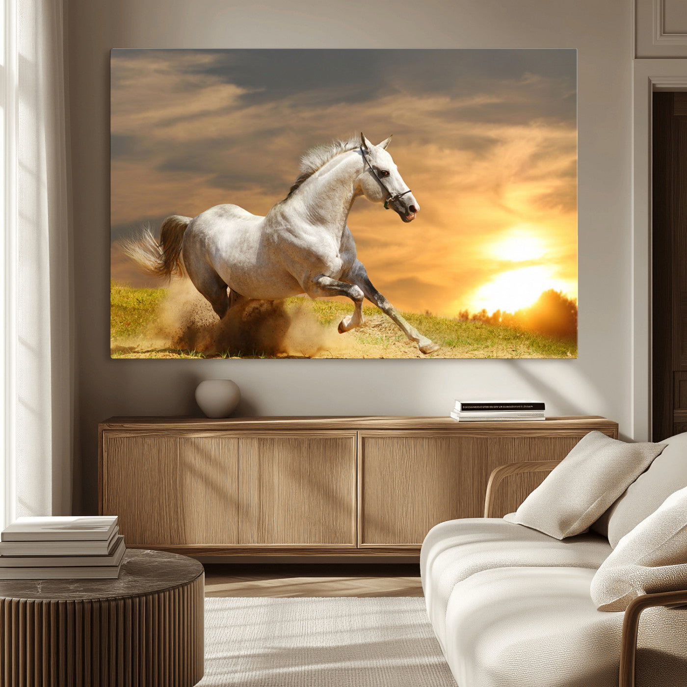 Powerful white horse galloping on a dusty field at sunset with a dramatic sky – Wall Art Canvas Print.