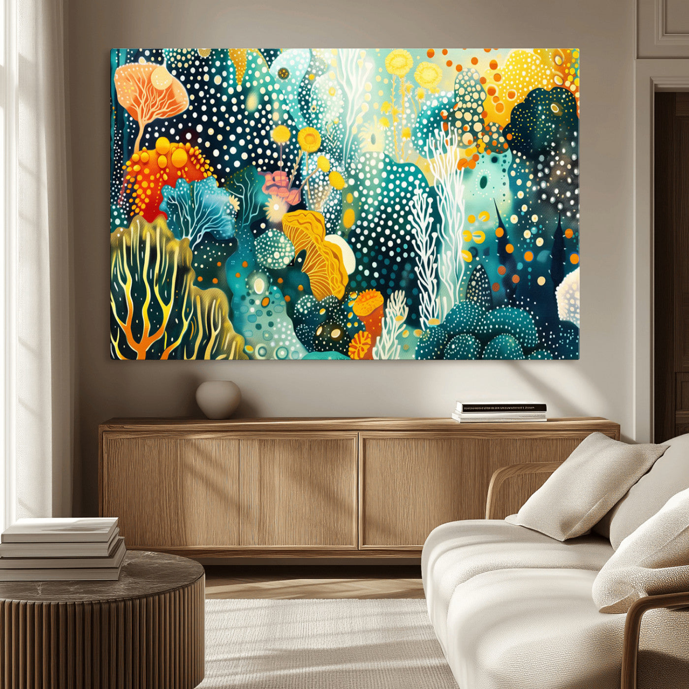 Abstract underwater coral reef illustration with vibrant colors, dotted textures, and stylized marine flora – Wall Art Canvas Print.